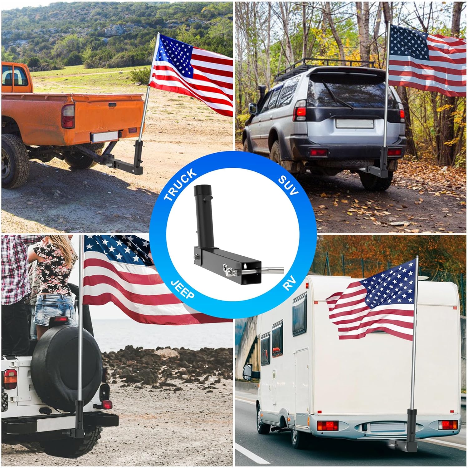 Hitch Mount Flagpole Holder, Heavy-Duty Flag Pole Holder for 1.6" Hitch, 2 Models (Single Hole & Dual Hole with Design), Flag Holder for Jeep, Truck, SUV, RV, Camper (Single Hole) - Image 8