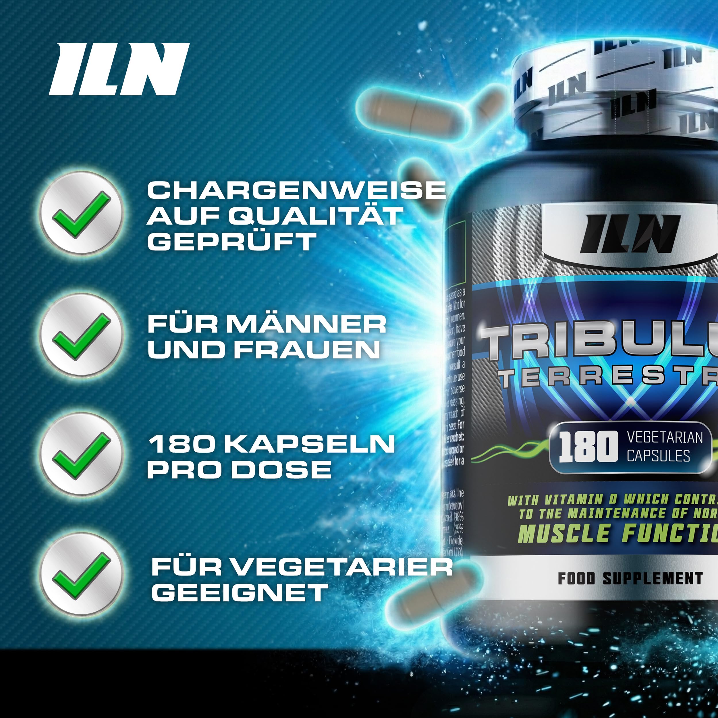 ILN Tribulus Terrestris hochdosiert 6000 mg Äquivalent - 98% Saponine - Kapseln für Männer und Frauen - 180 vegetarische Kapseln