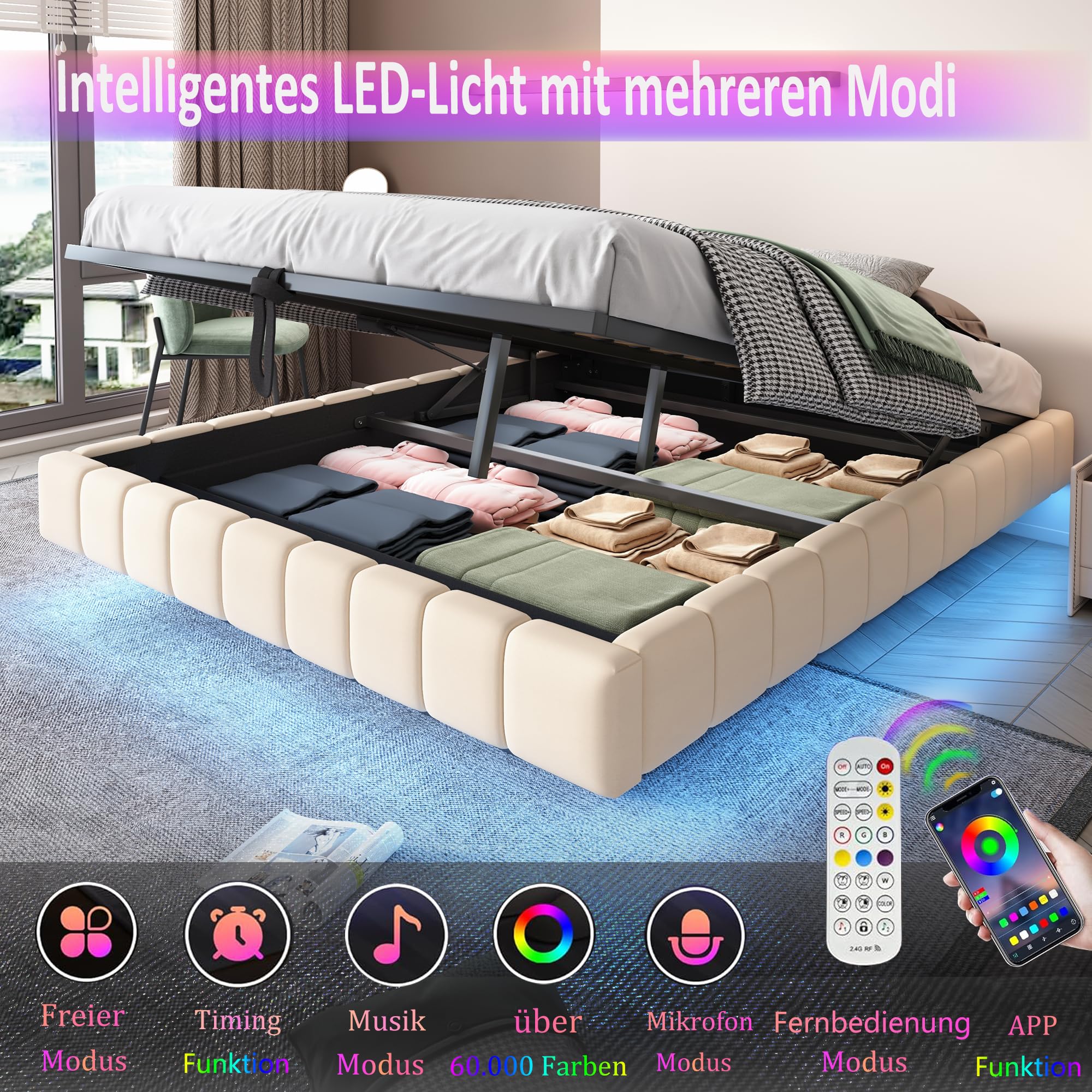 Kebnor Cama tapizada, marco de cama flotante hidráulico con espacio de almacenamiento, cama tapizada multifuncional sin cabecero, lino (beis, 160 x 200 cm)