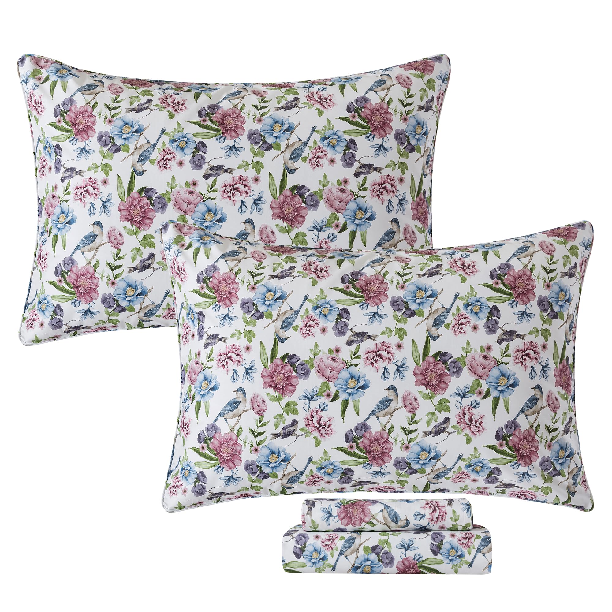 FADFAY Bird Sheets Set Twin XL Blue and White Toile College Bedding Rustic Peony Botanical Dorm Sheets Vintage Leaves Bedding 100% Cotton Sets with Deep Pocket Fitted Sheet 4Pcs, Extra Long Twin Size