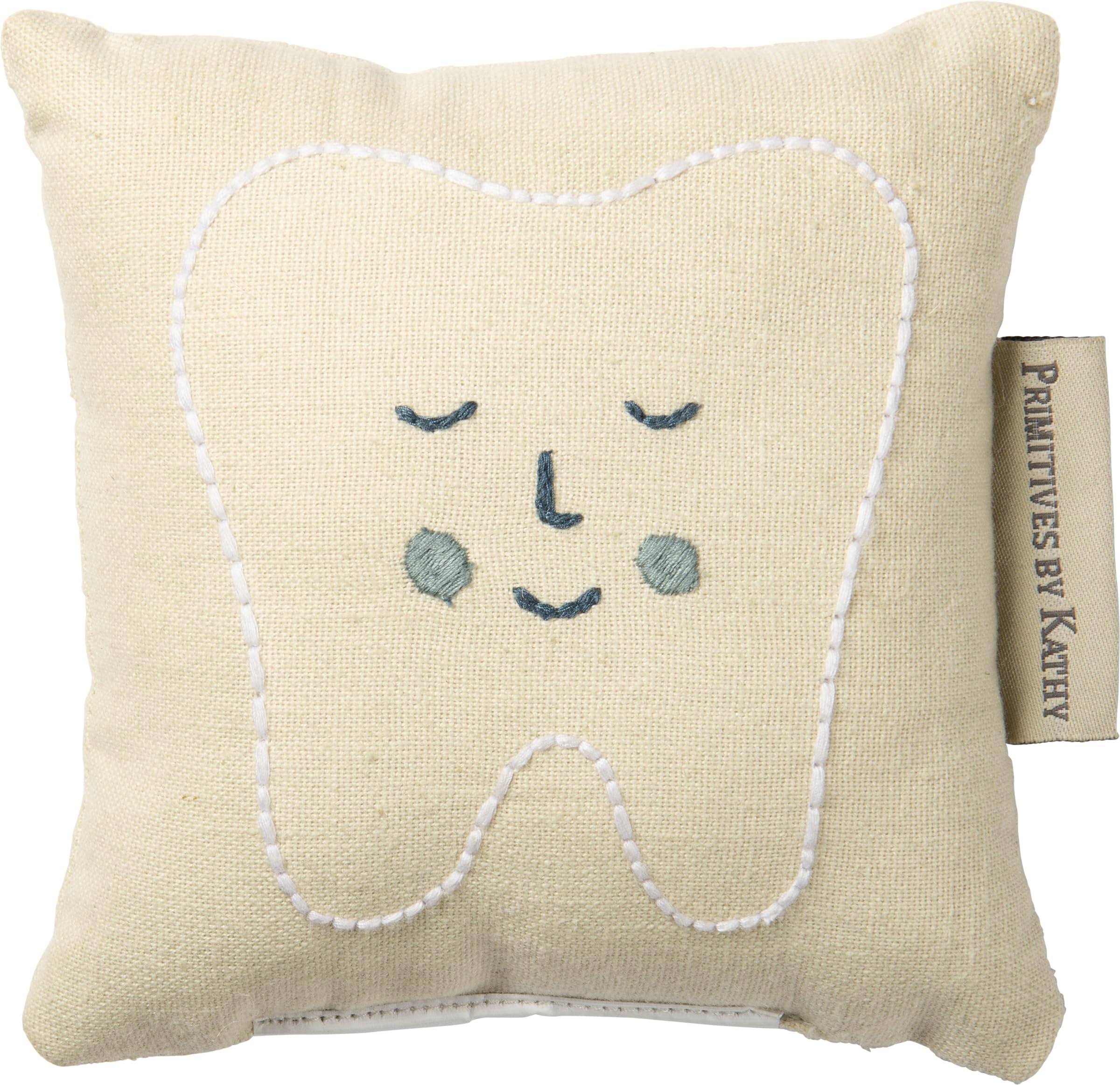 Primitives by Kathy Dear Tooth Fairy Stop Here Mini Tooth Pillow, 5x5-Inch, Cotton Blend, Blue Embroidered Keepsake with Storage Pocket and Tooth Design on Front