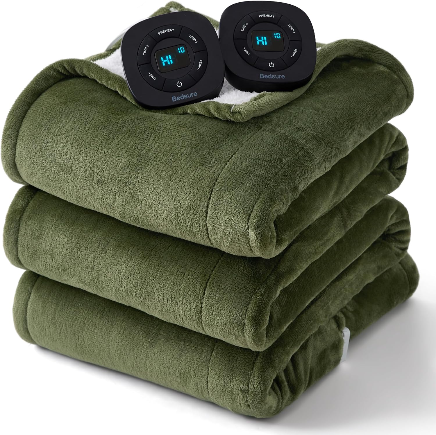 Bedsure Electric Blanket Queen Size - Dual Control Heated Blanket Queen, Fast Heating with 10 Time Settings & 10 Heat Settings, Warm Gift for Grandma (84x90 inches, Olive Green) 03 - Olive Green Queen 120V