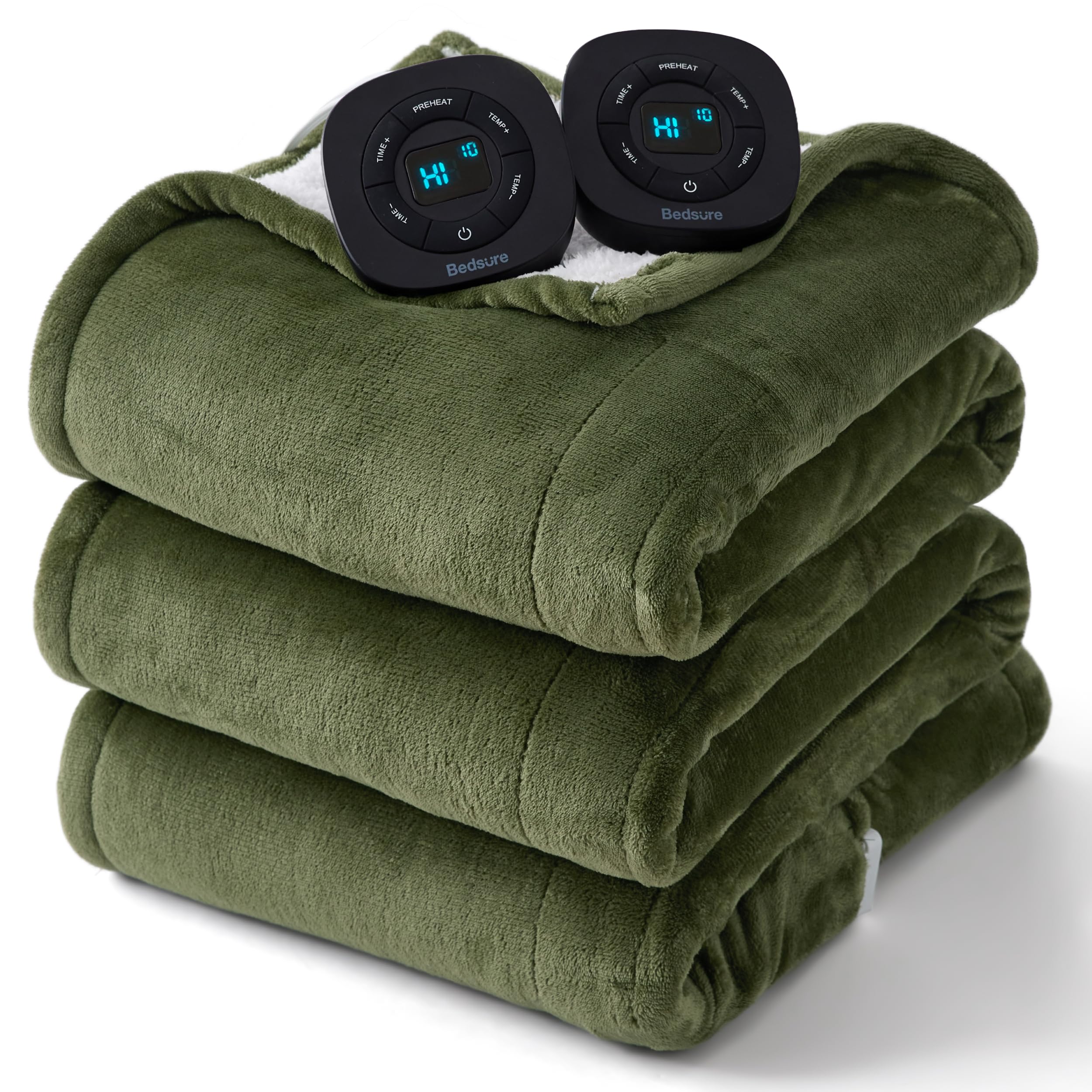 Bedsure Electric Blanket Queen Size - Dual Control Heated Blanket Queen, Fast Heating with 10 Time Settings & 10 Heat Settings, Warm Gift for Grandma (84x90 inches, Olive Green)