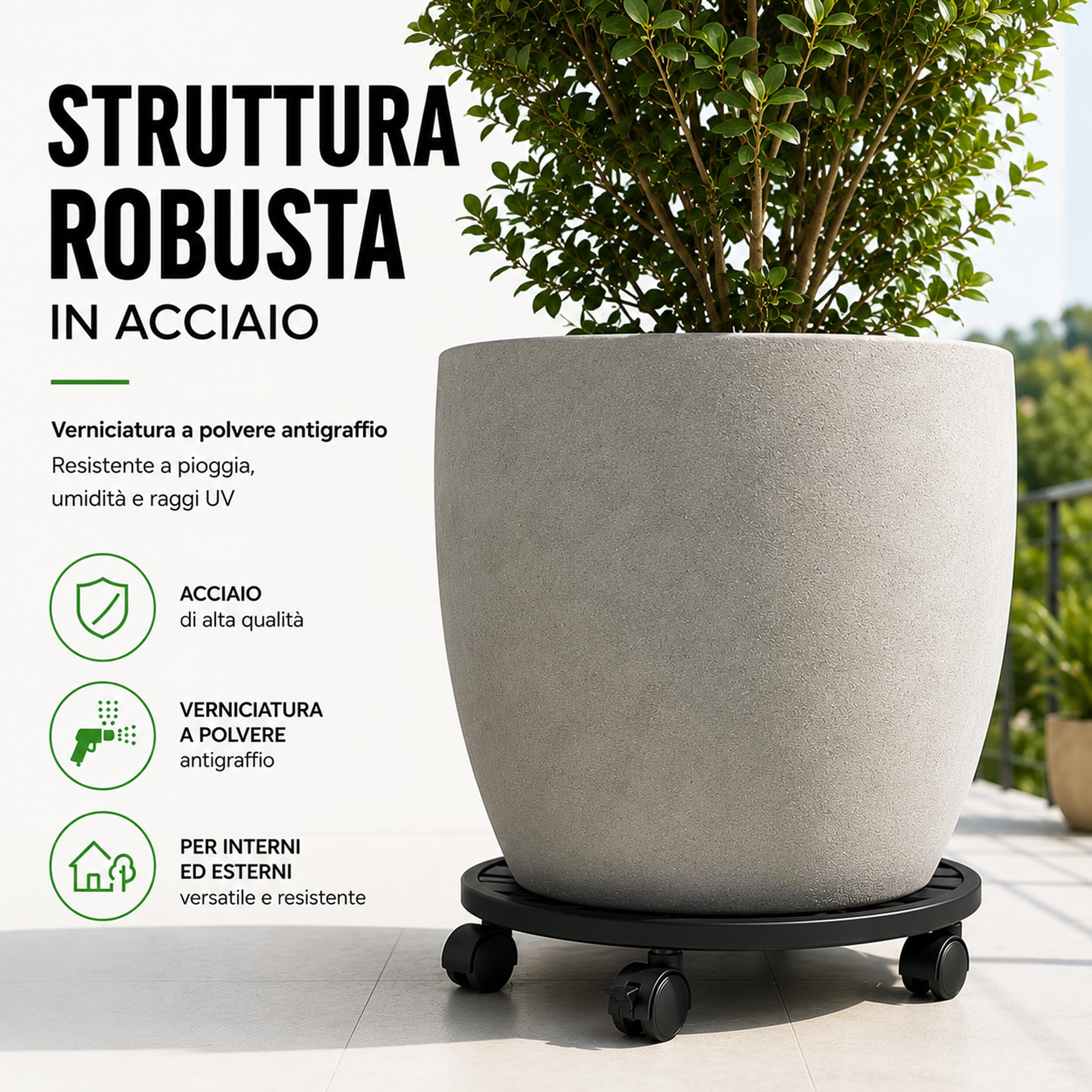 Tecnokit Carrello Portavasi Circolare O 30 cm Nero | Sottovaso con Ruote in Acciaio | Uso Interno ed Esterno | Made in Italy