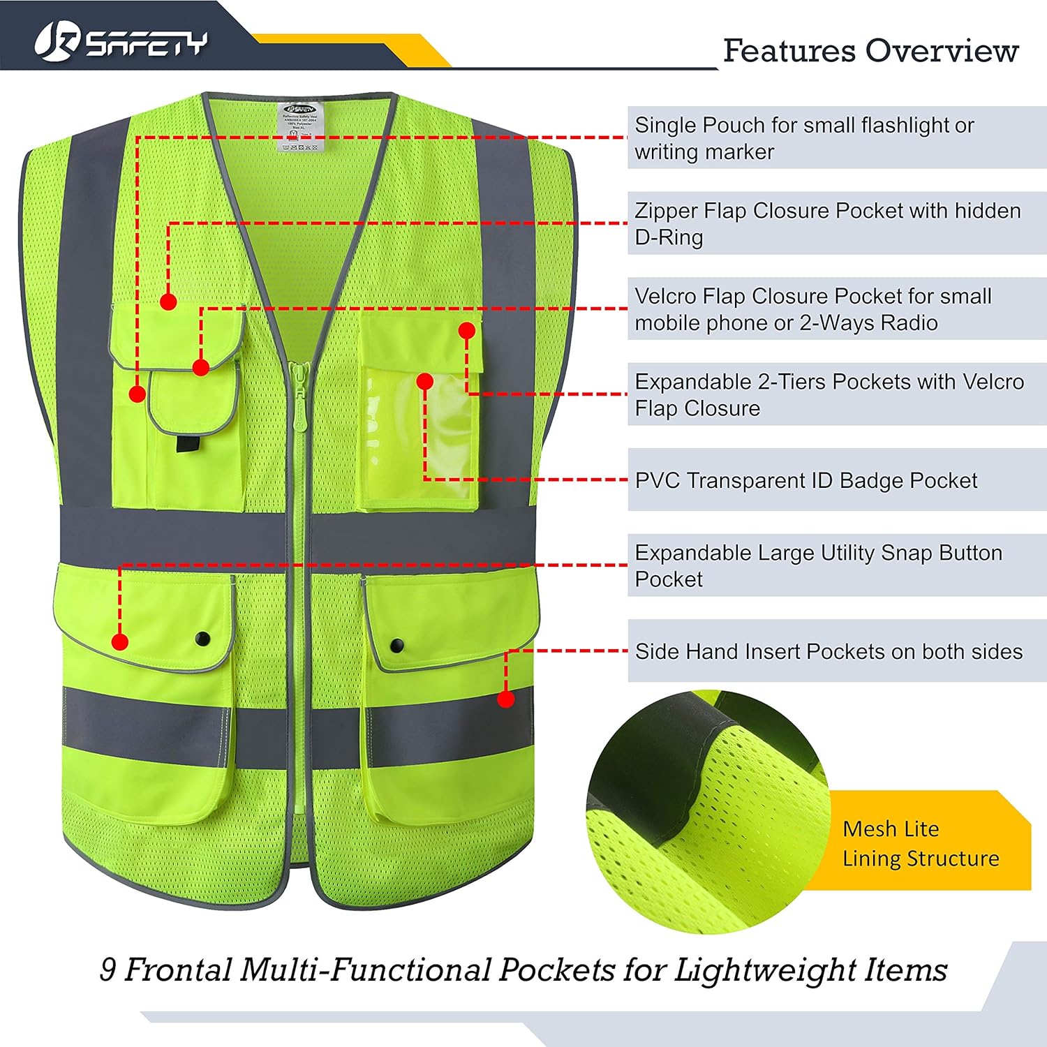 JKSafety 9 Pockets Class 2 Security Hi-Vis HQ Mesh Lite Hi-Vis Zipper Front Safety Vest | Neon Color Body with Retro-Reflective Strips | Comply ANSI/ISEA Safety Standards (200-Security-Yellow, L) - - 