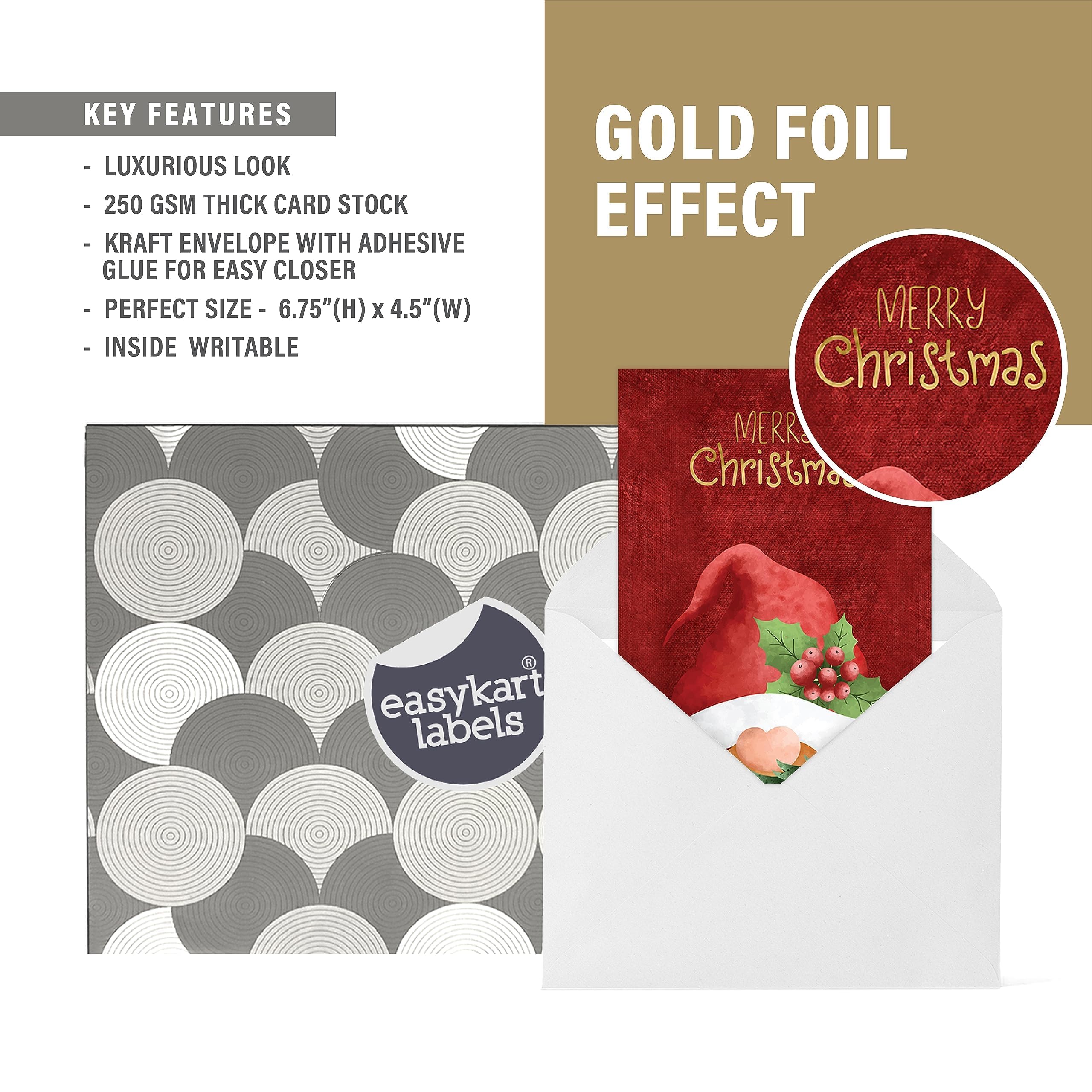 easykart labels Lot de 60 cartes de nain de Noël avec enveloppes et autocollants à sceller, 4 motifs de Père Noël sur le thème de Noël avec effet pliant doré, 17,1 x 11,4 cm pour les amis, la famille