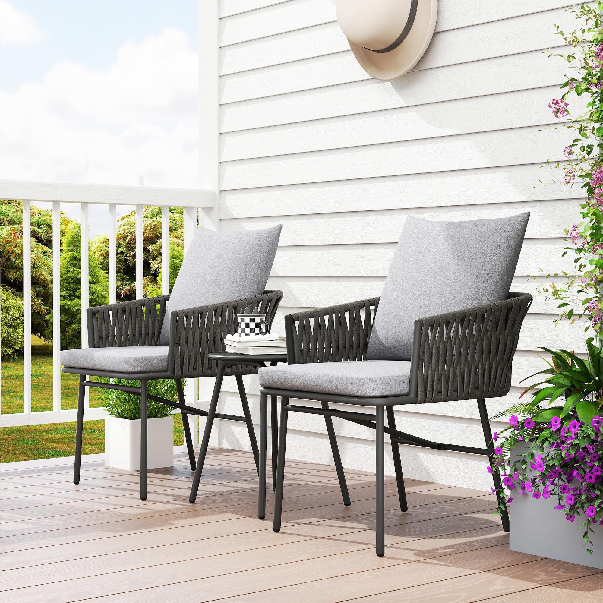 Outsunny 3-TLG. Rattan Bistroset Sitzgruppe 2 Gartensessel Couchtisch Grau