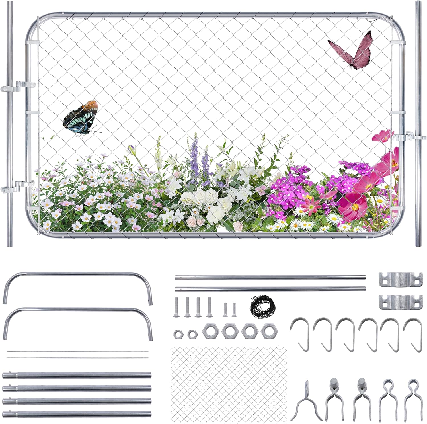 48 x 72 in Chain Link Fence Gate with Post, Adjustable Galvanized Chain Link Fence Panel, Fits 2-6 ft W x 7 ft H Garden Fence Gate Opening for Farm Yard Garden