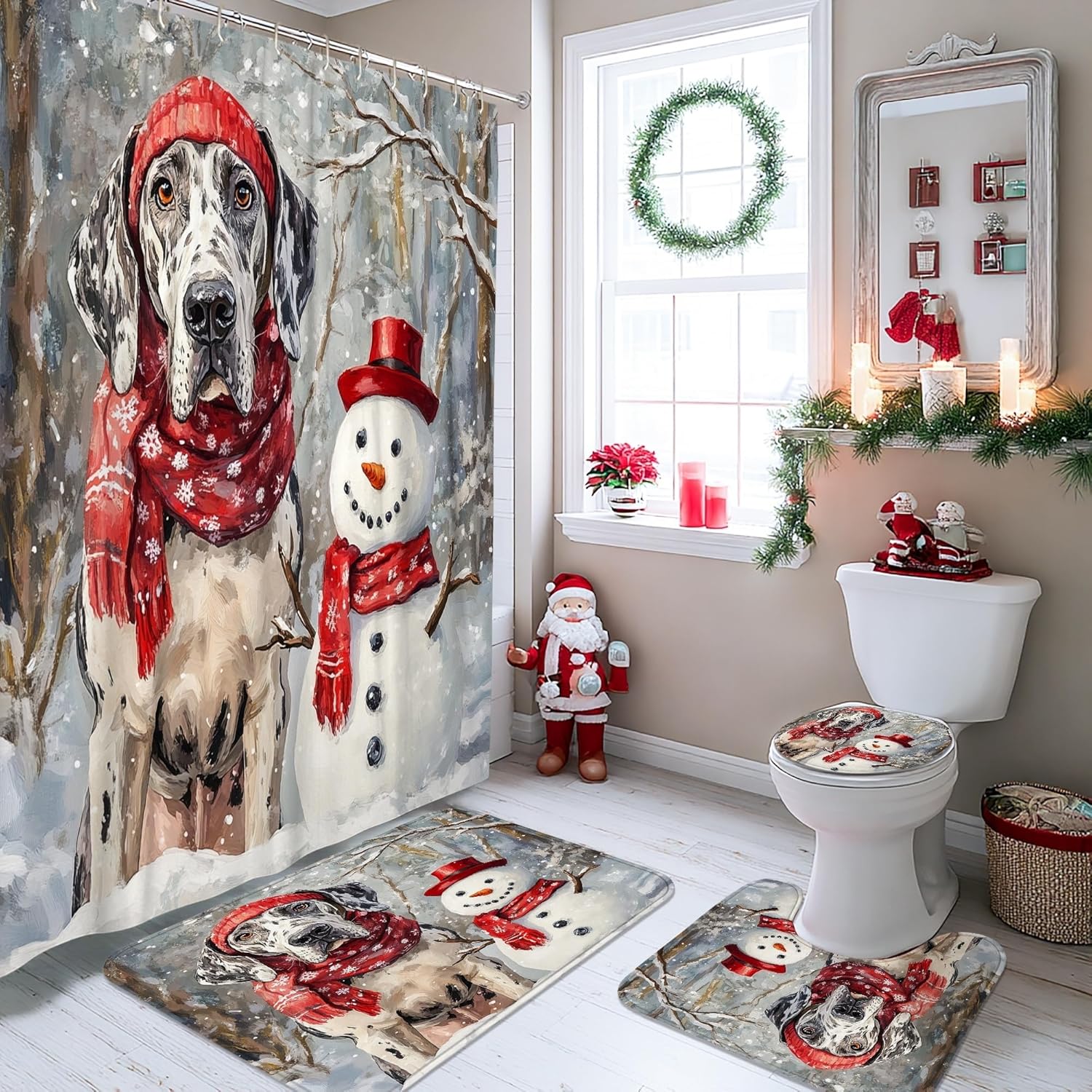 4PCS Winter Christmas Great Dane Dog Bathroom Sets with Non-Slip Rug, U Shape Toilet Lid Cover Mat, Snowman Xmas Puppy Pet Bathroom Decoration 72''x72''