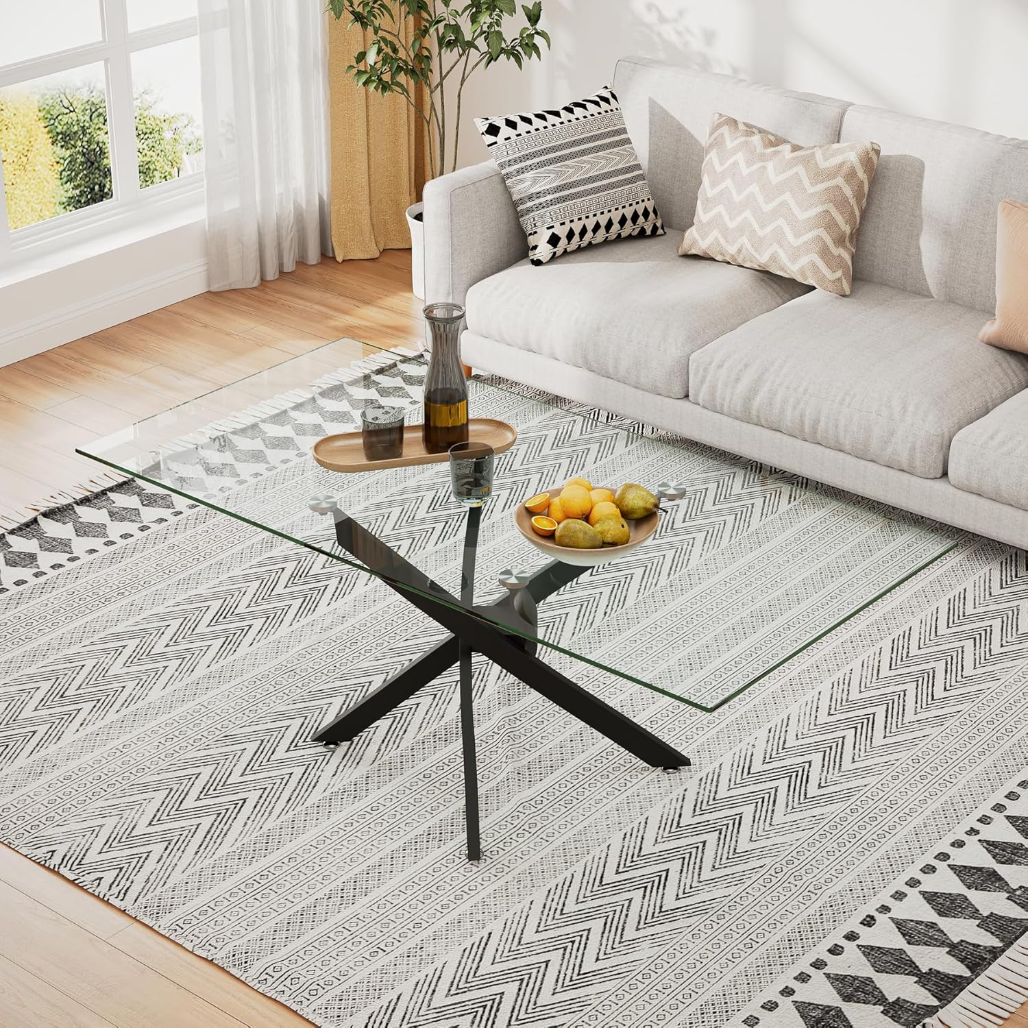 Tempered Glass Coffee Table with Metal Legs, Rectangle Modern Living Room Table for Home Office Living Room (Black, 47.3”x23.6”x18.1”)