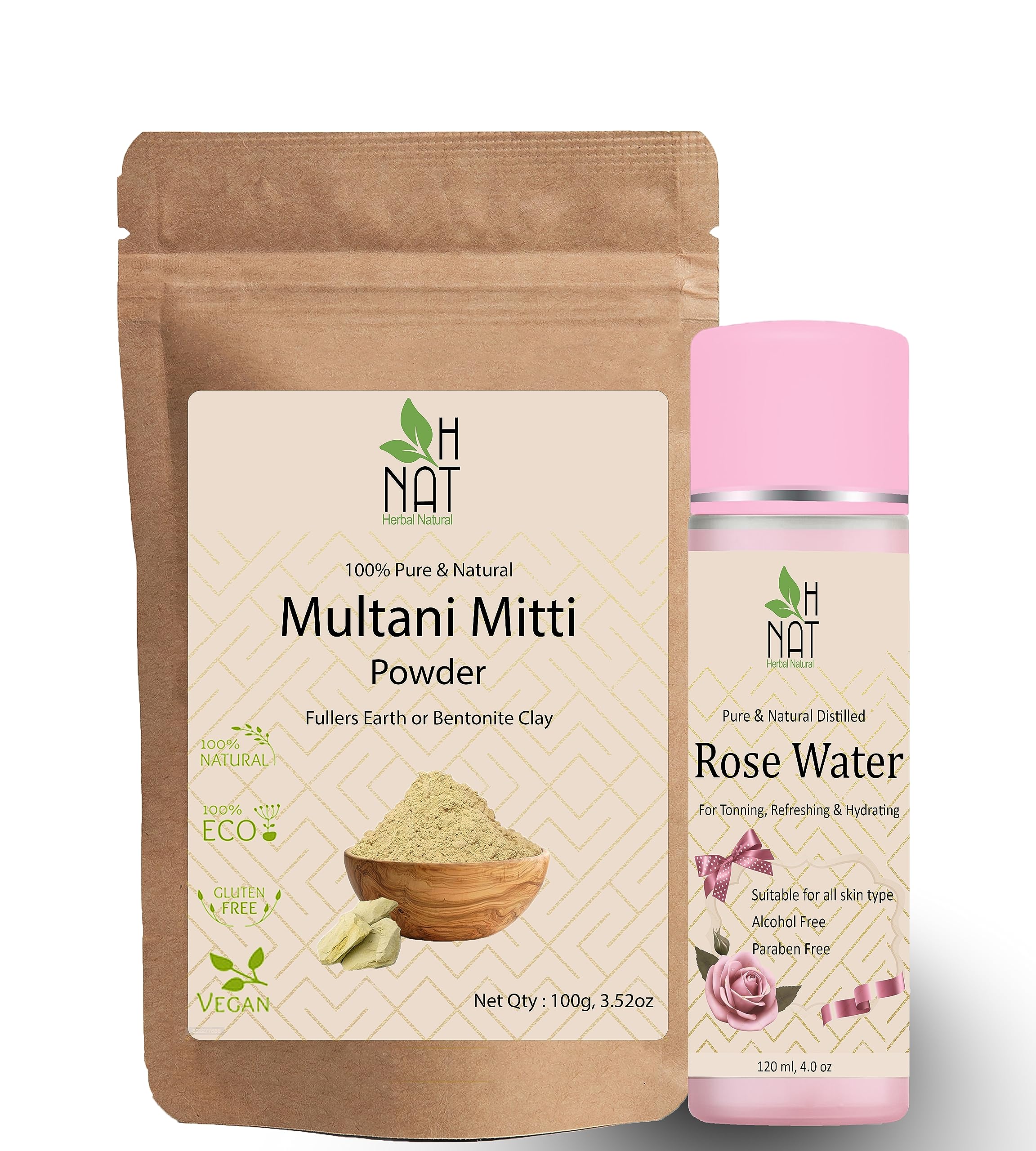 H NAT 100% Pure & Natural Multani Mitti Powder Natural Clay for Radiant Skin | Pure Clay for Healthy & Glowing Skin | Clay for Flawless Skin & Vibrant Hair - 100 g | Rose water for Acne and Pimples