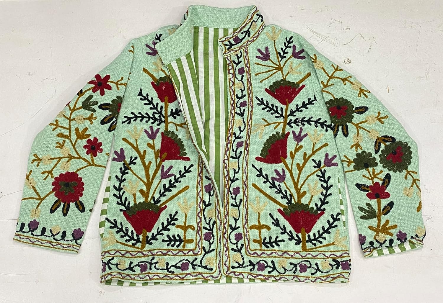 Indian Embroidered Floral Jacket, Green, Reversible Striped Lining, Collared, Bohemian Style, Handcrafted