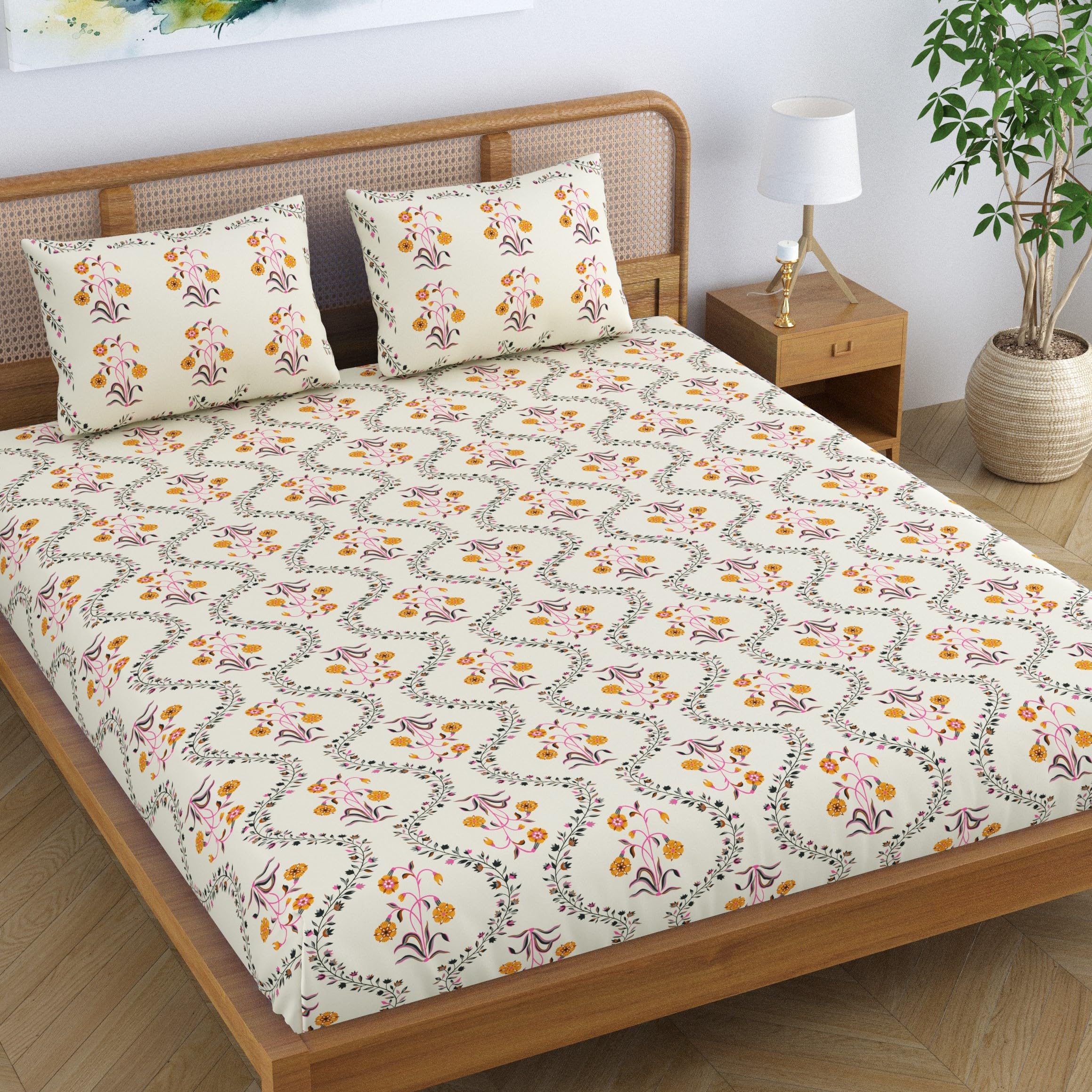 SheetKart Pure Cotton Floral Printed Jaipuri Bedsheet for Double Bed King Size with 2 Pillow Covers - Yellow Lily (B0D2W18CN1) Amazon Price History, Amazon Price Tracker