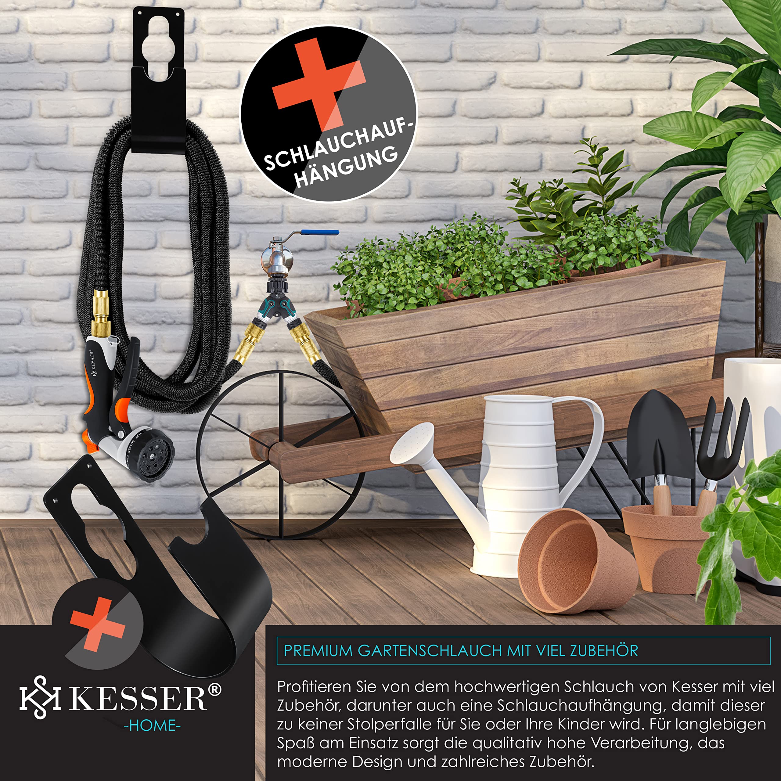 KESSER® flexibler Gartenschlauch 15 m, dehnbarer Flexischlauch, Wasserschlauch mit 3-fach Latexkern, 8 Modi Sprühpistole, Messing Anschlüsse + Wandhalterung, 1/2" & 3/4" Adapter & Tasche, Schwarz