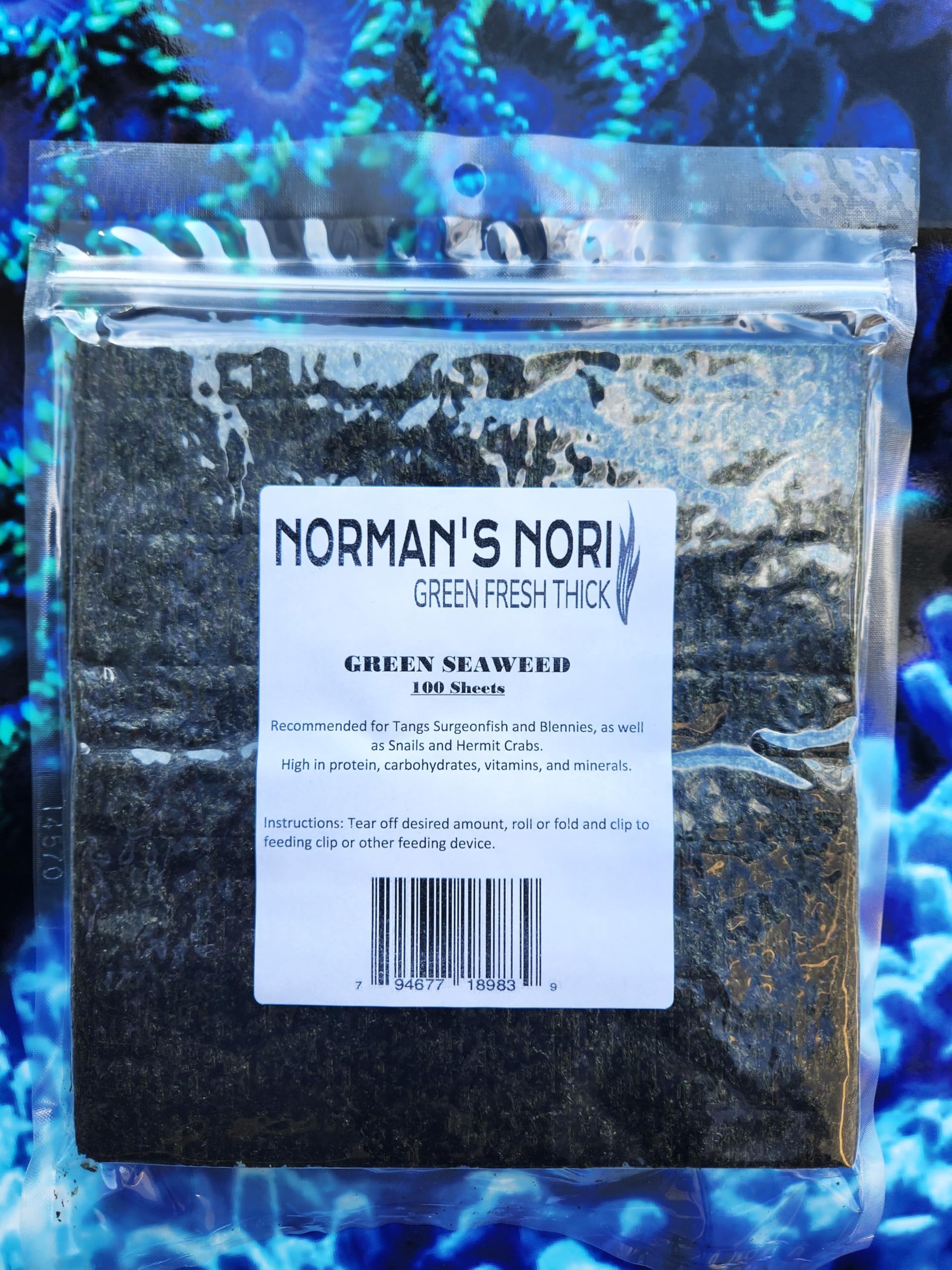 Normans Nori Green Seaweed Sheets 100-4” x 7.5” Sheets, for All Algae Eating Fish, 100% Natural, Nutrient-Dense, Super Thick 140g