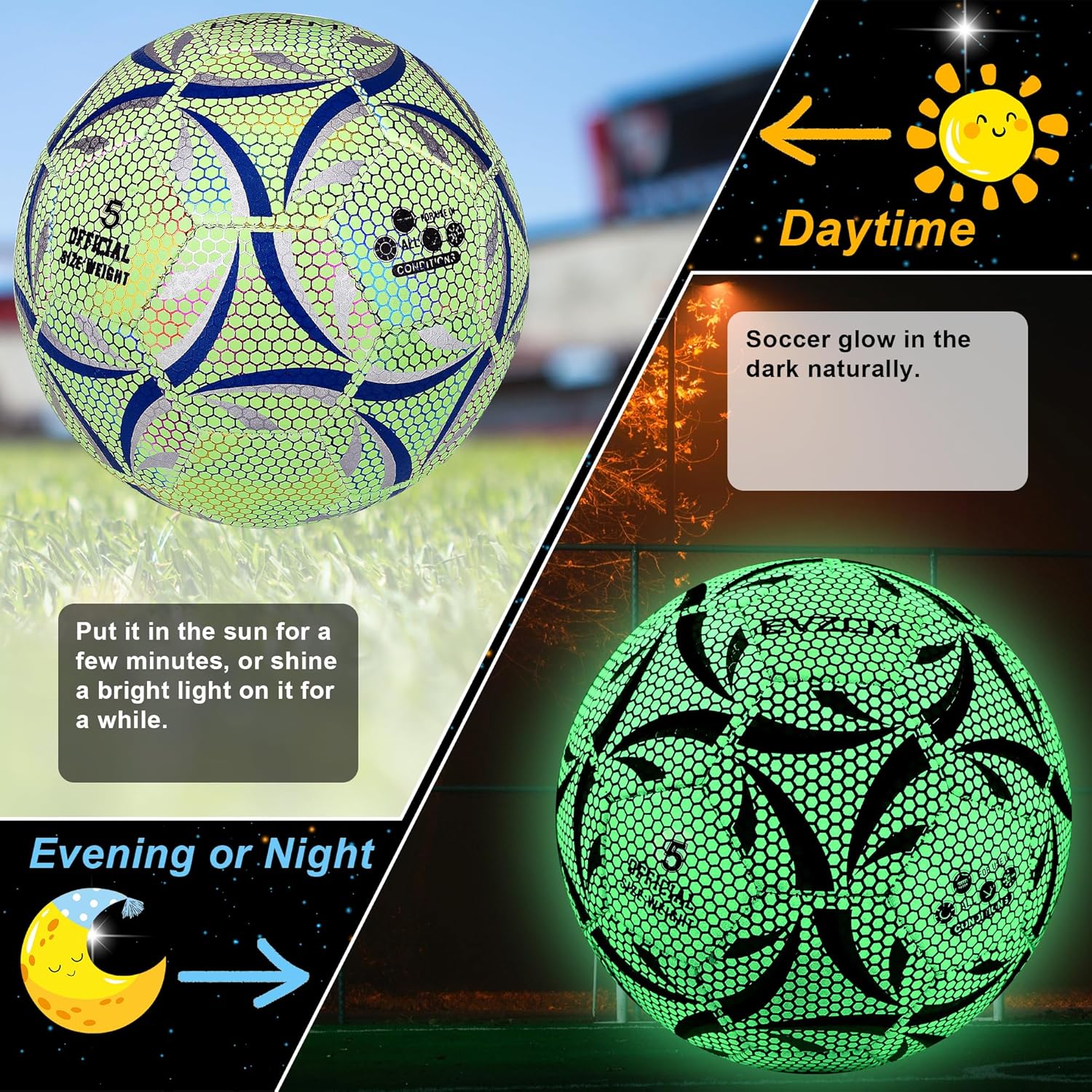 EVZOM Soccer Ball Luminous Official Match Game American Soccer Ball Size 3,Size 4,Size 5 for Boys,Girls,Kids,Adult Outdoors Indoors Sports Ball Training