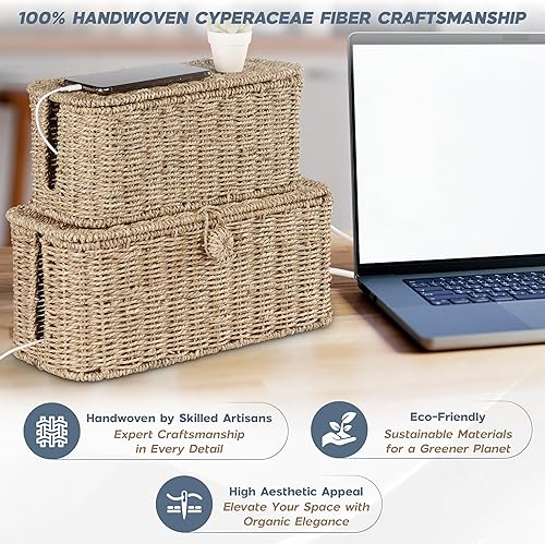 Miniatura 2 de Paquete de 2 cajas grandes para organizar cables, cajas organizadoras de cables de ratán natural para regleta de alimentación  2 cables de ranuras
