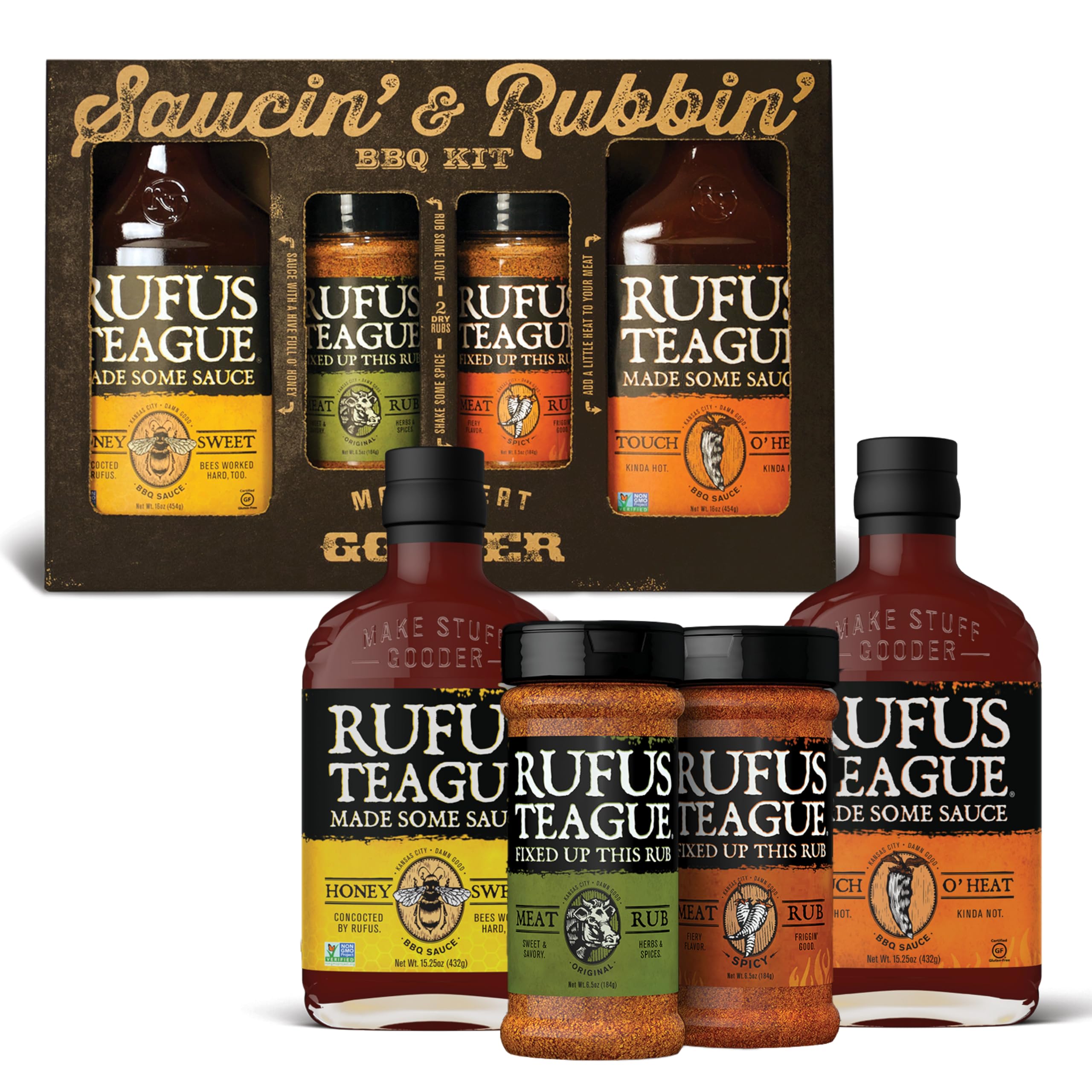 Rufus Teague BBQ Sauce and Rub Cooking Gift, Saucin' & Rubbin' Kit, Honey Sweet, Touch O' Heat, Spicy & Original Meat Rub, Made in USA, 4-Piece Gourmet Gift Set