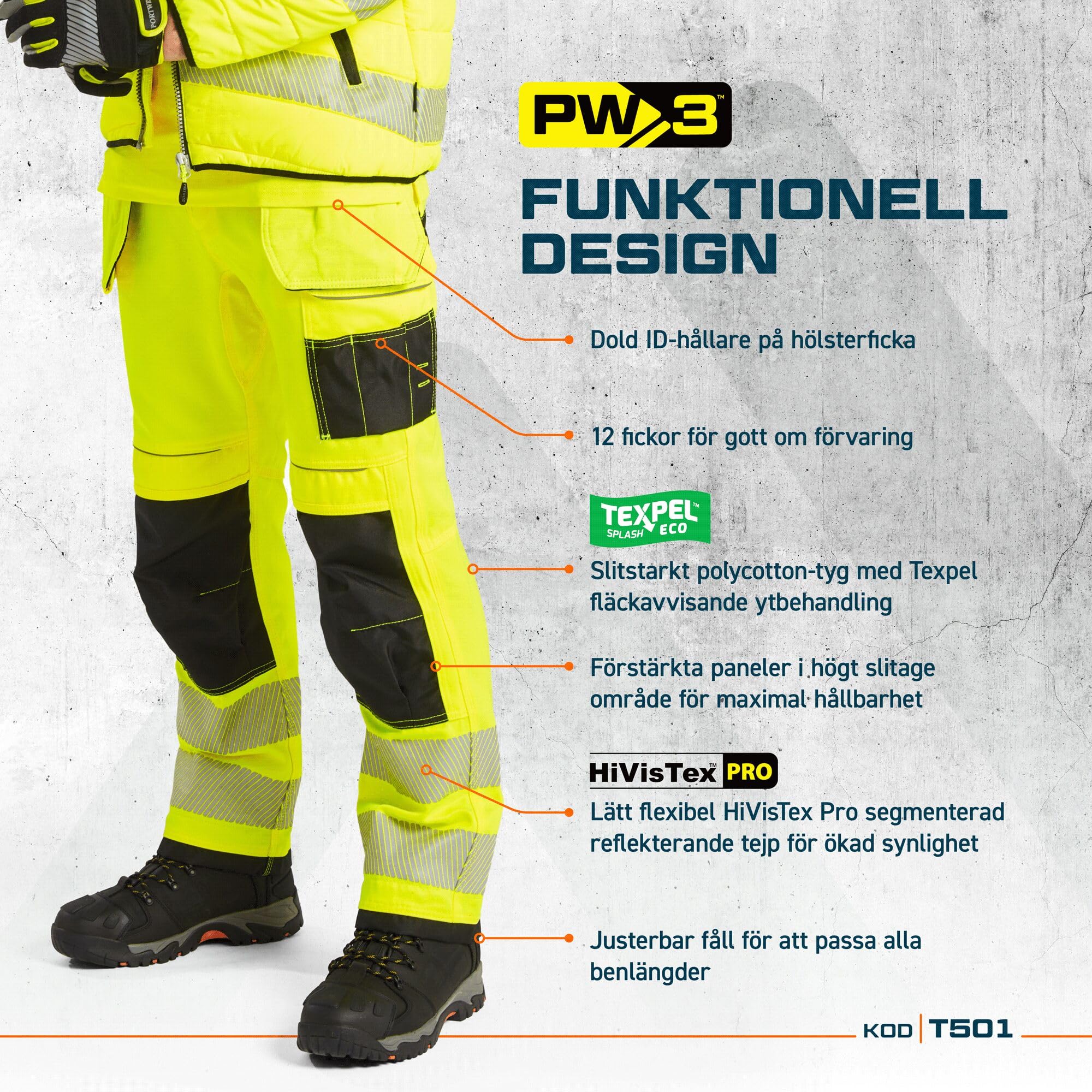 Portwest T501 Spodnie Ostrzegawcze PW3, Regularny, Żółty/Czarny, Rozmiar 30