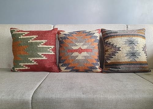 Funda de almohada india Kilim tejida a mano, funda de cojín vintage Kilim de 18 x 18 pulgadas, funda de cojín auténtica de lana de yute, almohadas