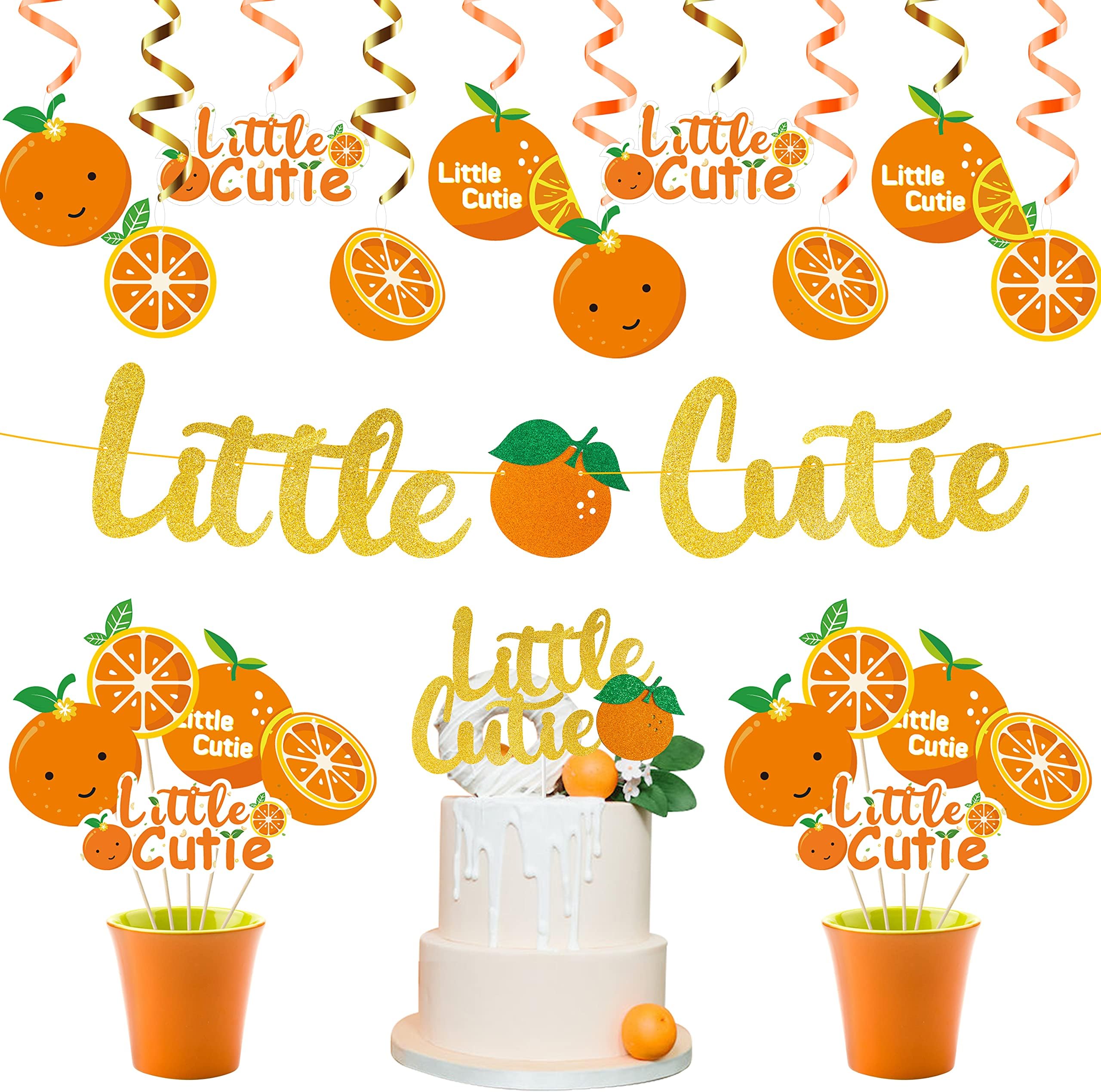 MALLMALL6 Little Cutie Baby Shower Party Decorations, Glitter Little Cutie Banner, Tangerine Hanging Swirls Cakes Toppers and Table Centerpieces for Hey Cutie Birthday Party Supplies