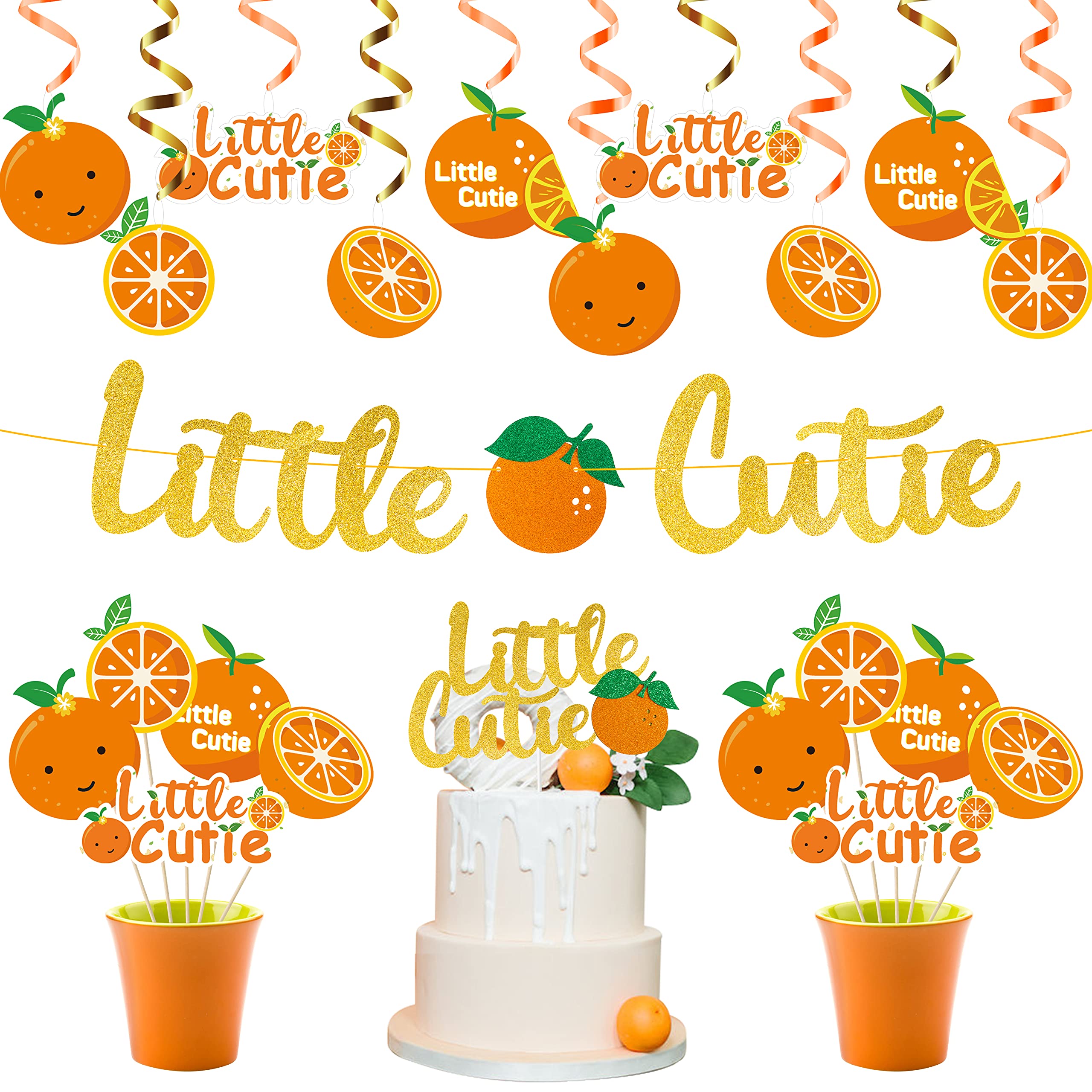 MALLMALL6 Little Cutie Baby Shower Party Decorations, Glitter Little Cutie Banner, Tangerine Hanging Swirls Cakes Toppers and Table Centerpieces for Hey Cutie Birthday Party Supplies