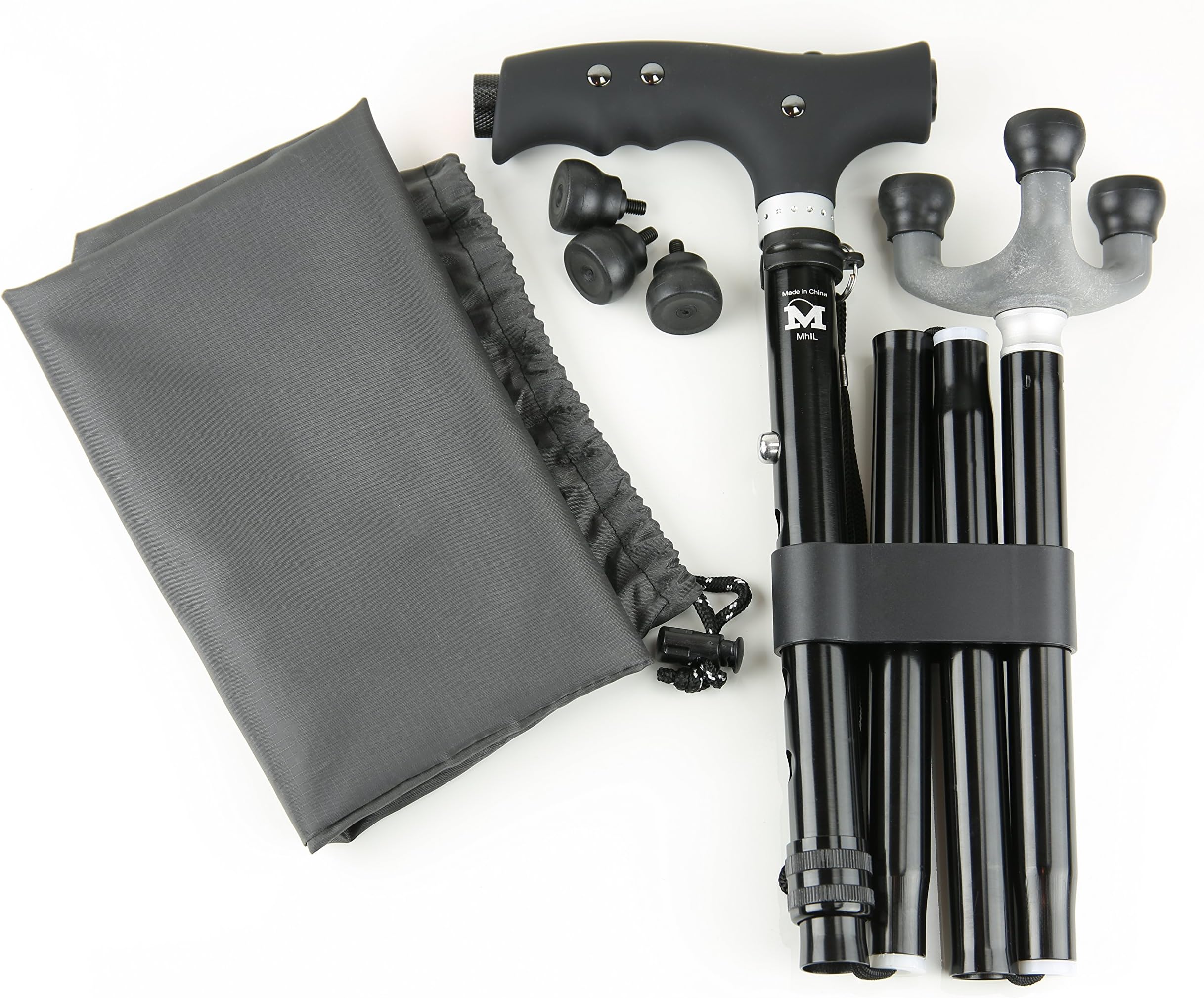 MhIL(R) Collapsible Walking Cane With LED - Folding Walking Stick With Rubber Ergonomic Handle- Freestanding Tripod Tip Design- Divided In 5 Sections- 3 Replacement Rubber Tips&Carrying Pouch Included