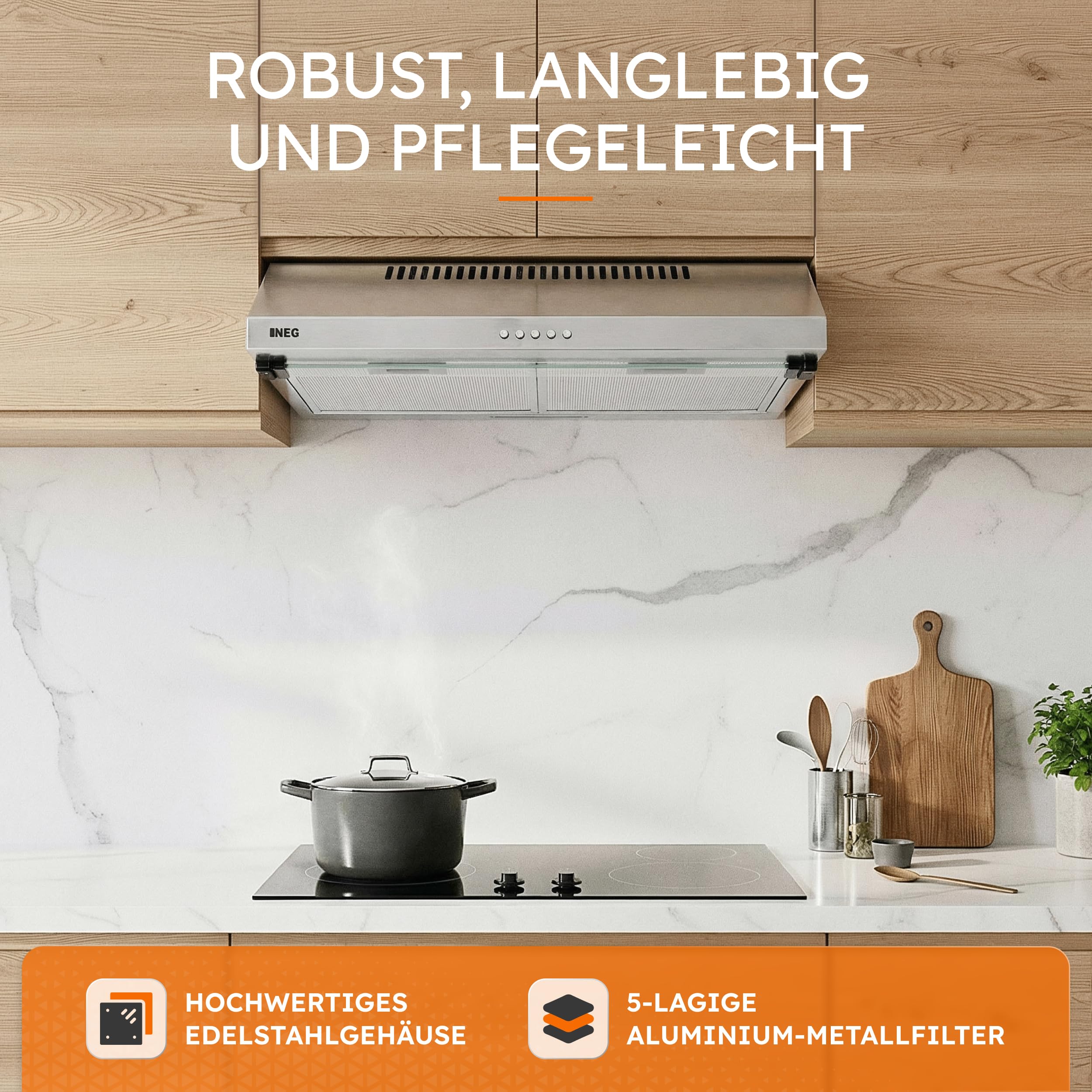 NEG NEG15-AT Unterbau Dunstabzugshaube Edelstahl 200 m³/h Abluft Umluft LED-Beleuchtung 60x50x15 cm