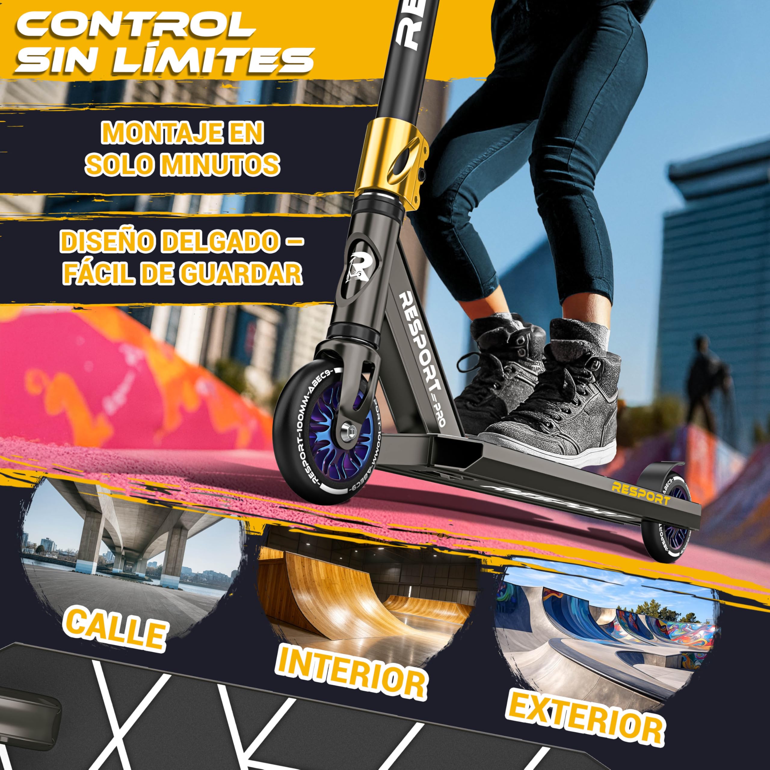 RE:SPORT Patinete de acrobacias Revo Pro para niños y adultos con soporte, patinete profesional de 110 mm, ruedas de poliuretano y barra en Y, patinete de acrobacias, patinete ABEC 9, rodamientos de
