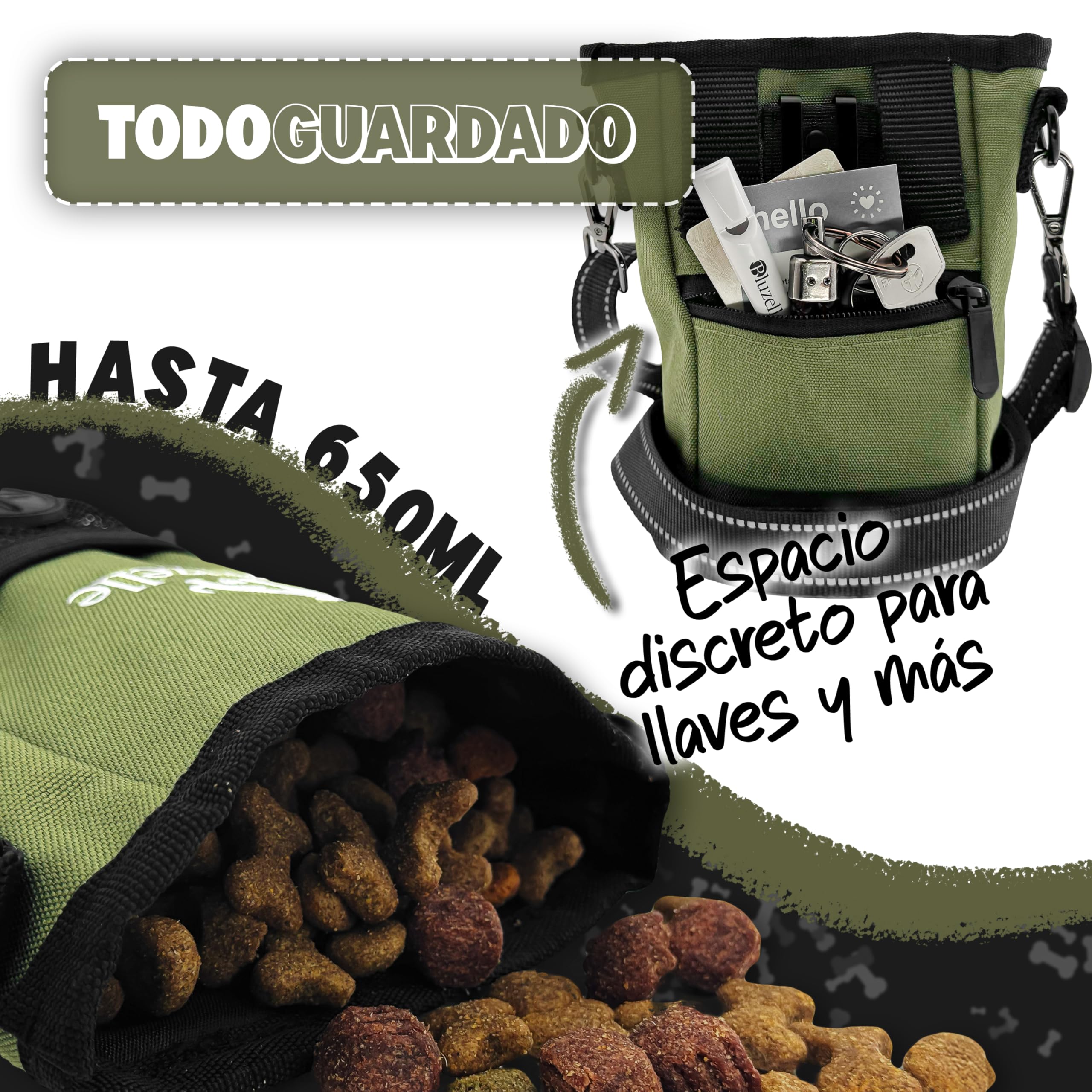 SnackKeeper Bolsa Premios Perro, Bolsa Entrenamiento con Cierre Magnético, 650ml Snack Bag, Dispensador Bolsas, Bolsillo con Cremallera, Multifunción, Comida Perro, Color:Verde Oliva