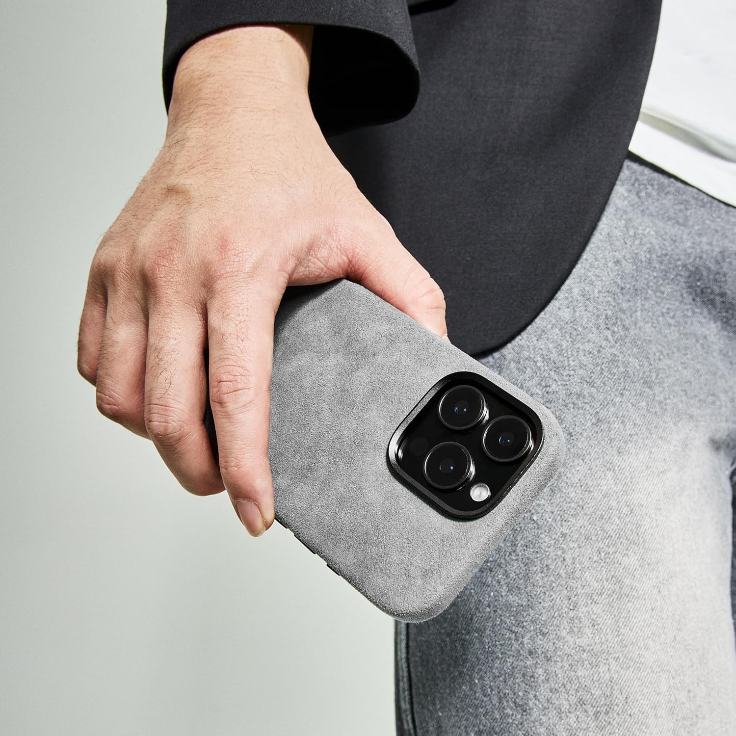 Alcantara Full-Wrap Phone Case for iPhone 16 Pro Max, Compatible with Mag-Safe Wireless Charging, Handmade Full-Wrap Italian Synthetic Suede Cover (Gray)