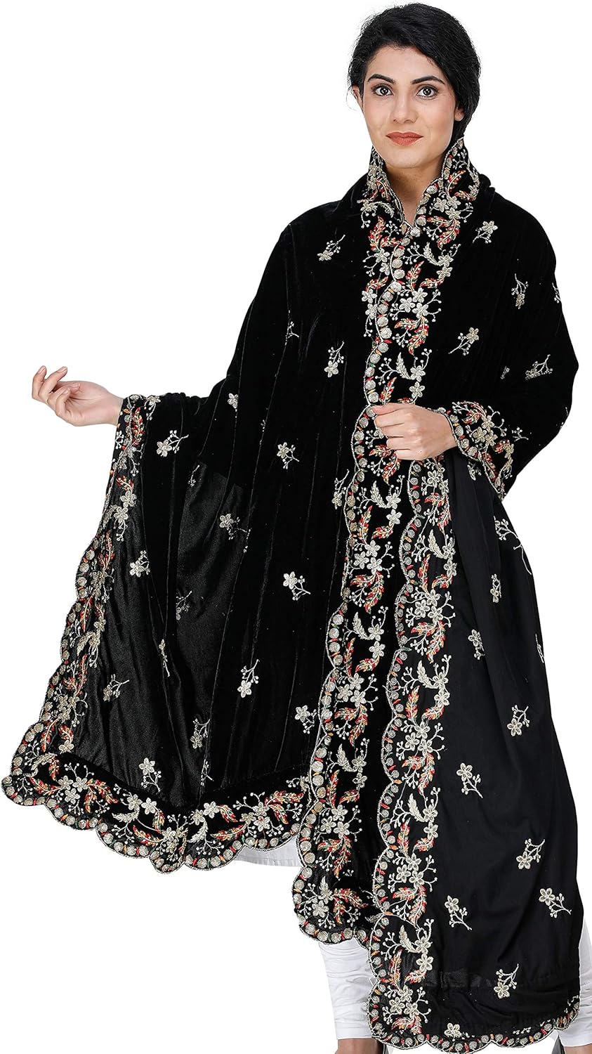 Exotic India Velvet Dupatta from Amritsar with Embroidered Flowers and Sequins - Velvet