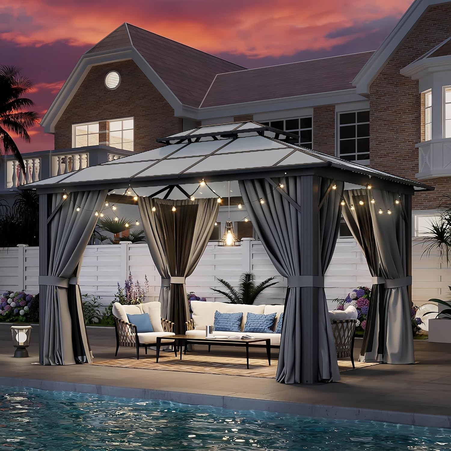 10'x12' Hardtop Gazebo Outdoor Permanent Gazebo with Double Polycarbonate Roof Canopy, Aluminum Frame Permanent Pavilion with Curtains and Netting for Patio,Garden,Lawns