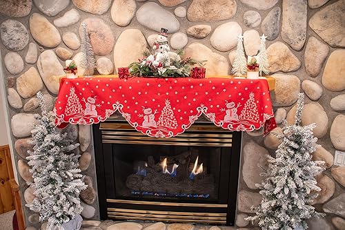 Miniatura 2 de Bordado de Navidad bellamente elegante con estrellas plateadas con árboles y muñeco de nieve sobre lino rojo para chimenea, mantel de chimenea,