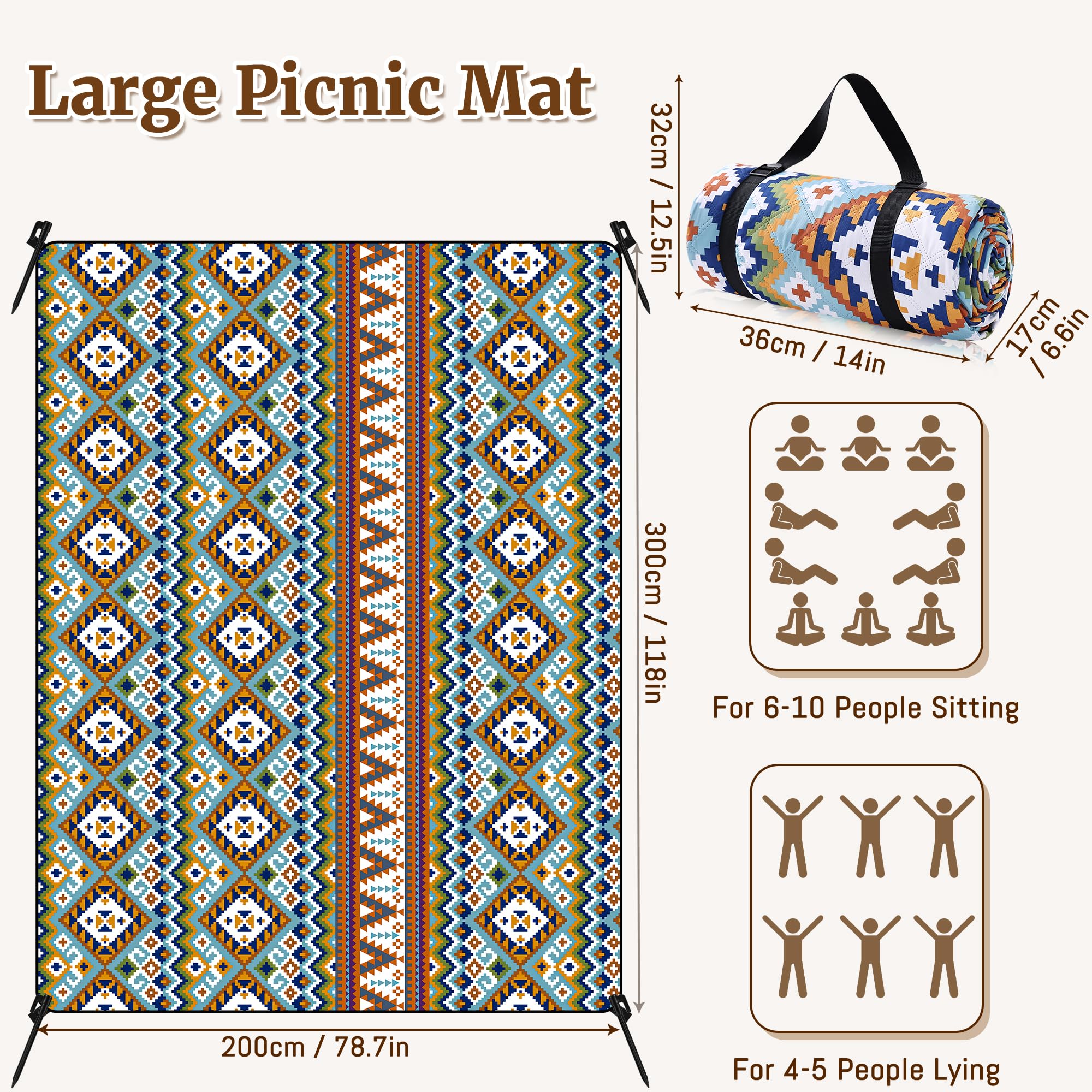 Gucass Manta de Picnic Impermeable 200 x 300cm, Boho Esterilla Playa Plegable Sin Arena Lavable a Máquina, Manta de Camping Grande para Exteriores, Camping, Playa, Parque, Festival y Picnic