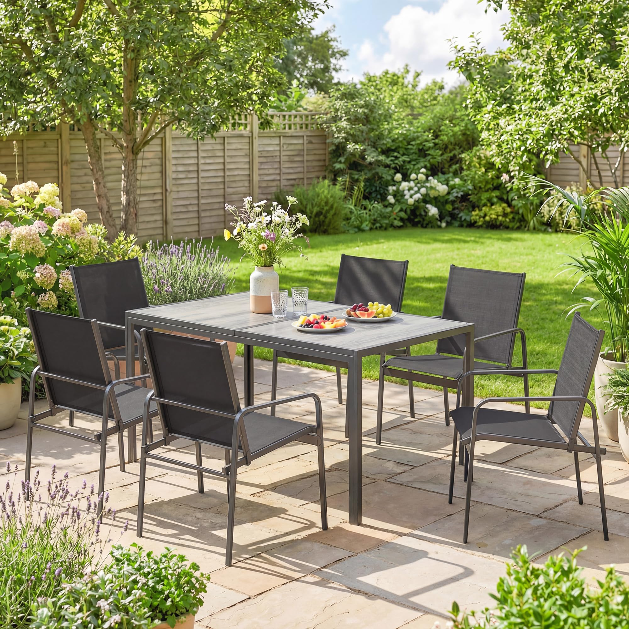 Outsunny Set Tavolo e Sedie da Giardino 7 Pezzi, Tavolo Effetto Legno, 6 Sedie in Texteline Traspirante, Acciaio Zincato, Nero