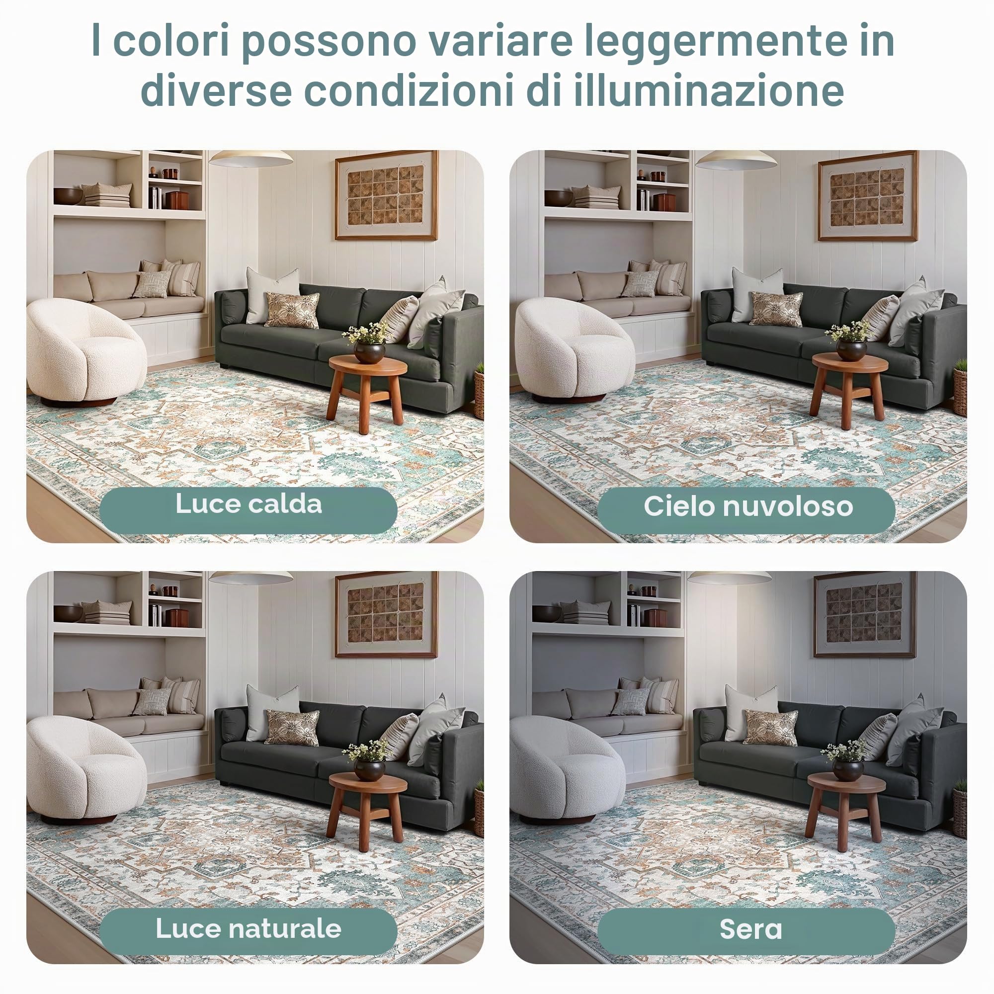GENIMO Vintage Tappeto Salotto 200x290cm - Grande Tappeto Soggiorno Lavabile Antiscivolo, Resistente, Facile da Pulire, Boem Carpet Per Camera da Letto, Sala da Pranzo, Sala - Vintage Verde Beige
