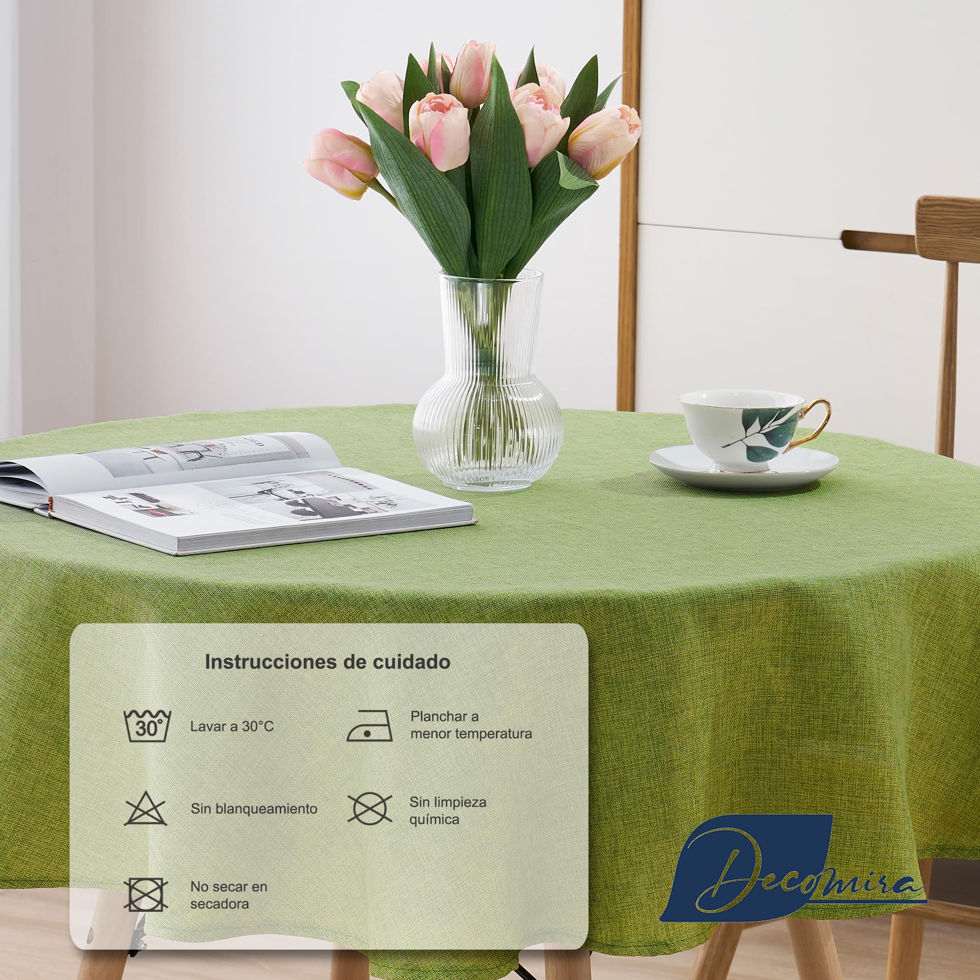 Decomira Mantel de Mesa Redondo Aspecto Lino - Repelente al Agua, Antimanchas, Lavable - como Mantel de Jardín o para Mesa de Comedor - Verde - 200 cm Redondo