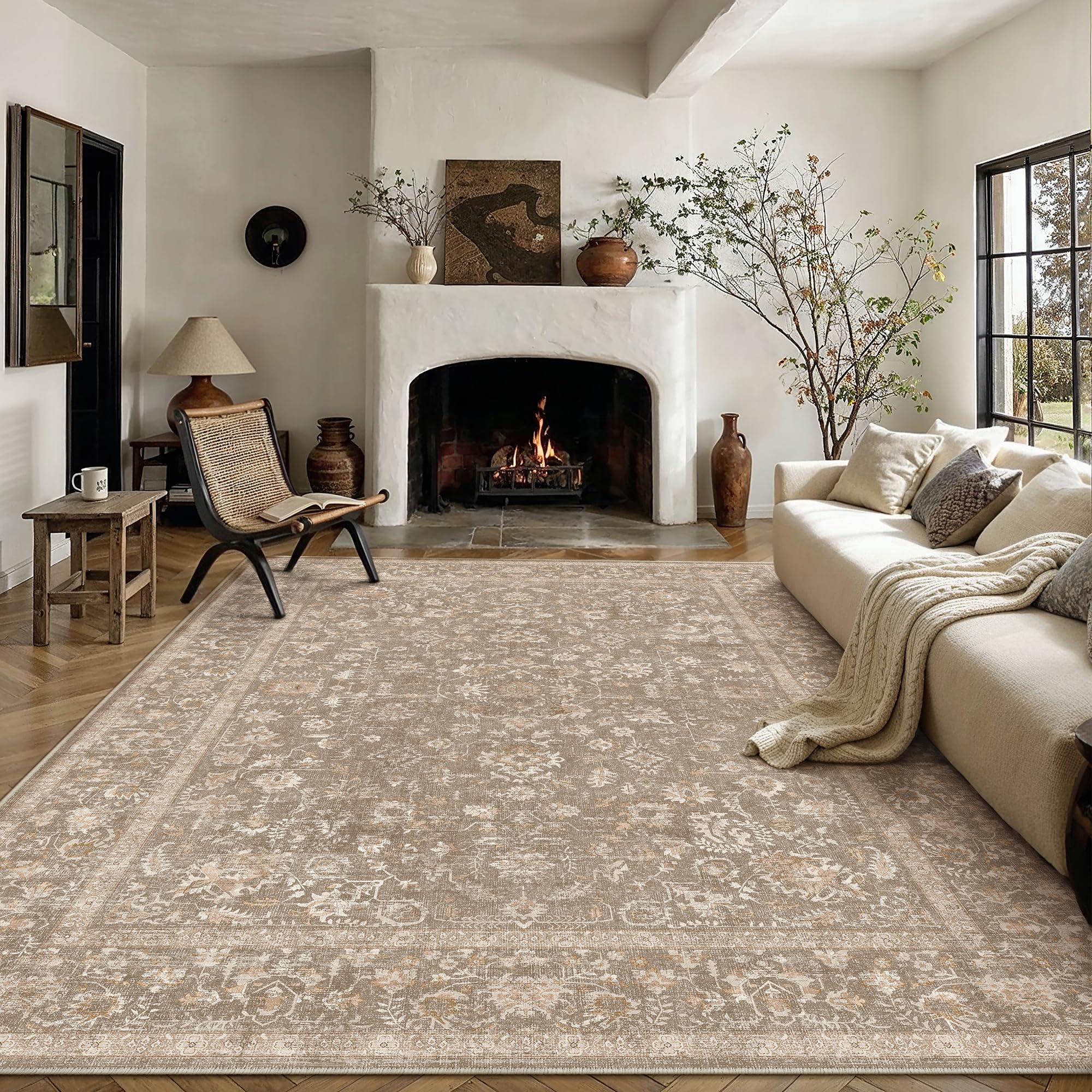 PureCozy 8x10 Deep Brown Area Rug Washable Non Slip Large Vintage Carpet