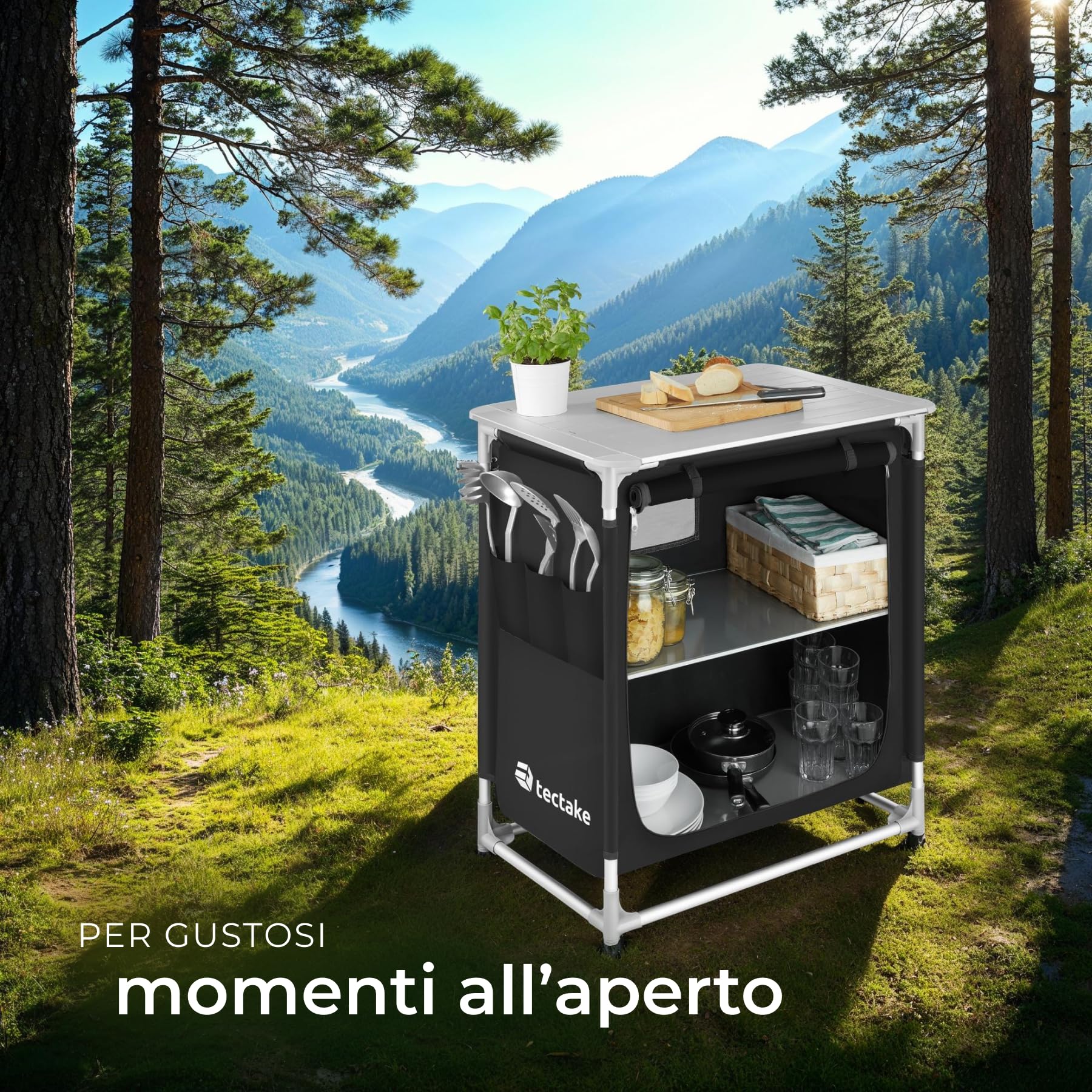 tectake® Cucina da Campeggio, Struttura in Alluminio, Mobile da Campeggio, Piano di Lavoro e Ripiani Portaoggetti, Cucina da Esterno per Fornello a Gas, Borsa Trasporto
