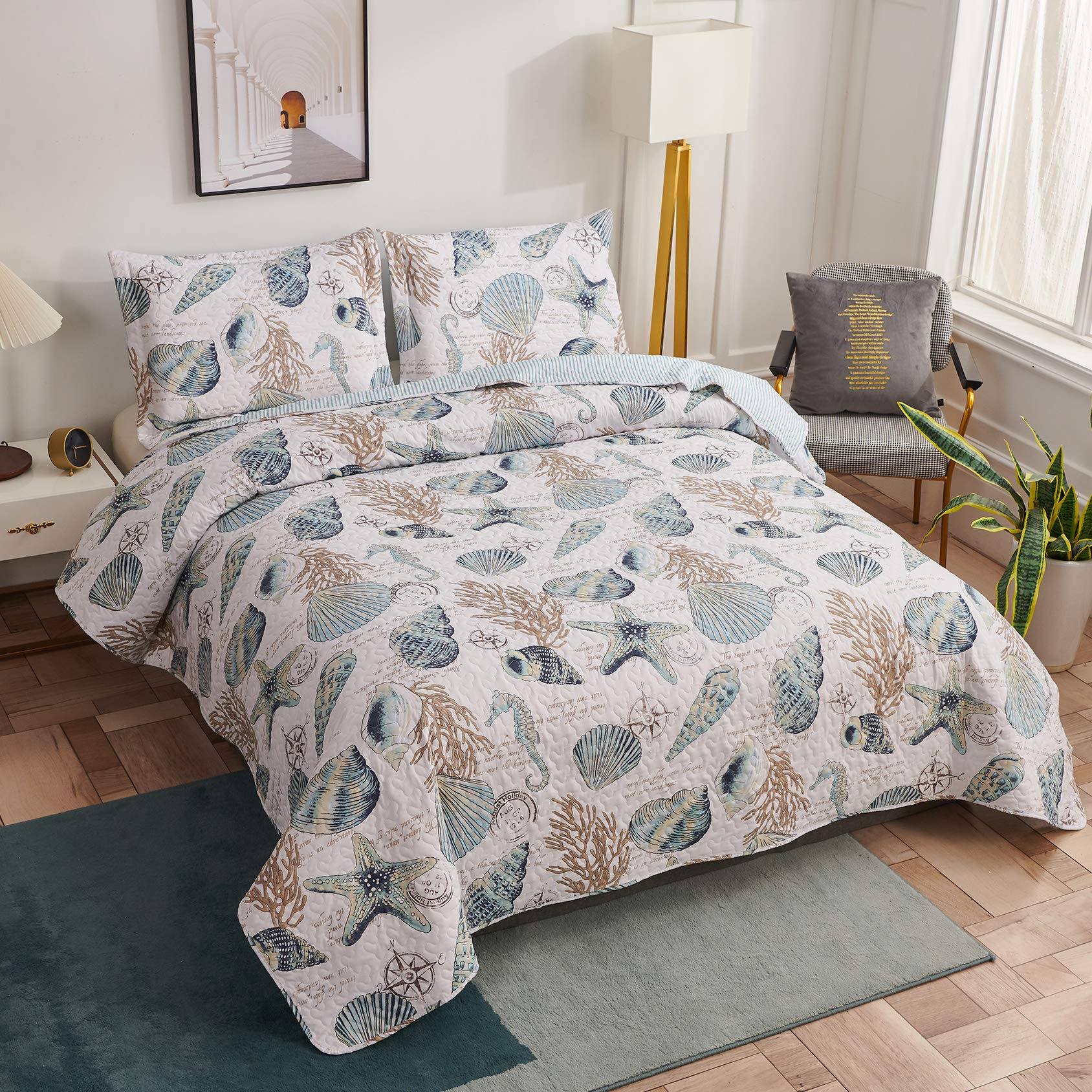 Coastal Reversible Quilt Set Twin Beach Bedspreads Conch Shell Starfish Coral Seahorse Bed Cover Lightweight Soft Breathable Coverlet Blanket Seaside Cottage Decor-Blue Green White