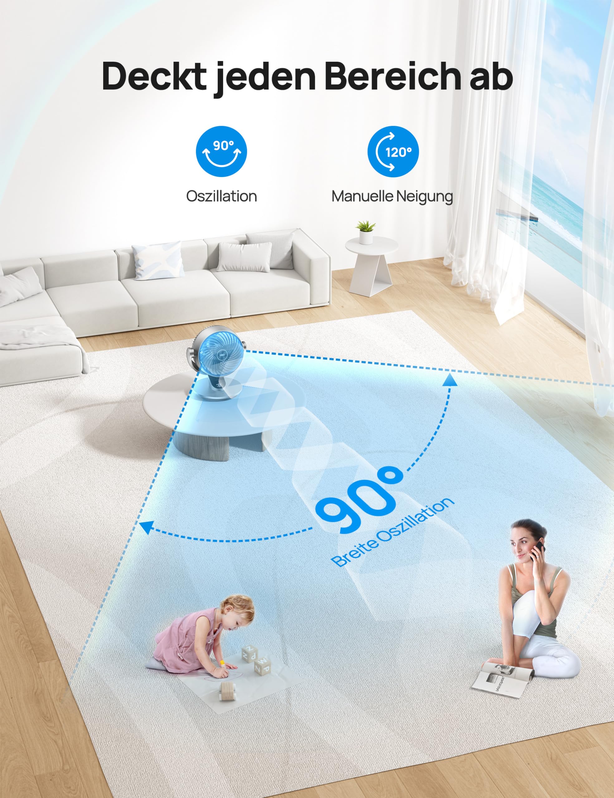 DREO 28dB Leiser Smart Tischventilator für Schlafzimmer Büro, Ventilator mit Fernbedienung Kühlung 21M Windentfernung 4-Geschwindigstufe 5 Modi 12H Timer 90° Auto 120° Manuell oszillierend, Lynx S