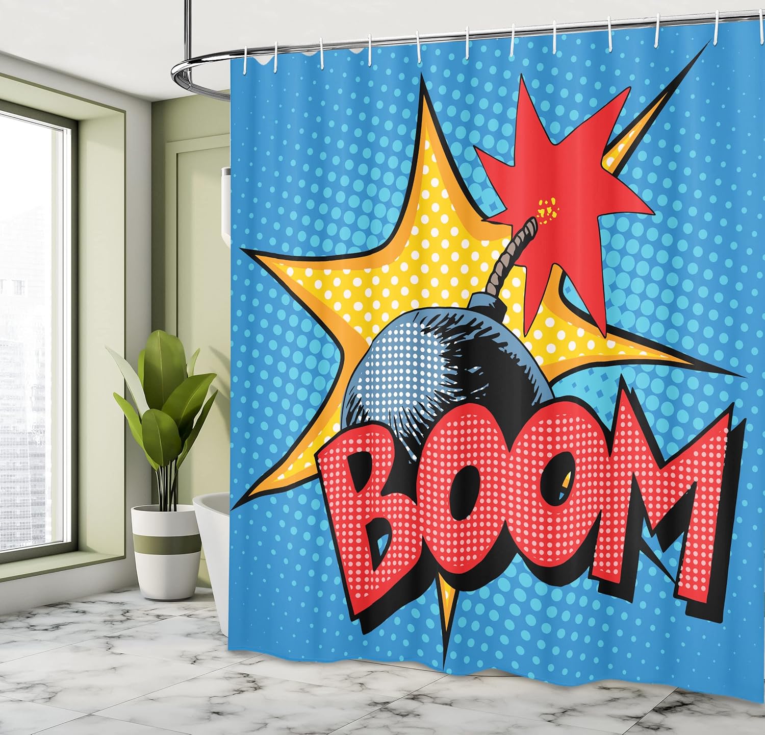 Ambesonne Vintage Shower Curtain, Boom Lettering in Retro Design on a Dotted Background with Comics Pop Art Style of Image, Cloth Fabric Bathroom Set with Hooks, 69" W x 75" L, Yellow Blue and Red
