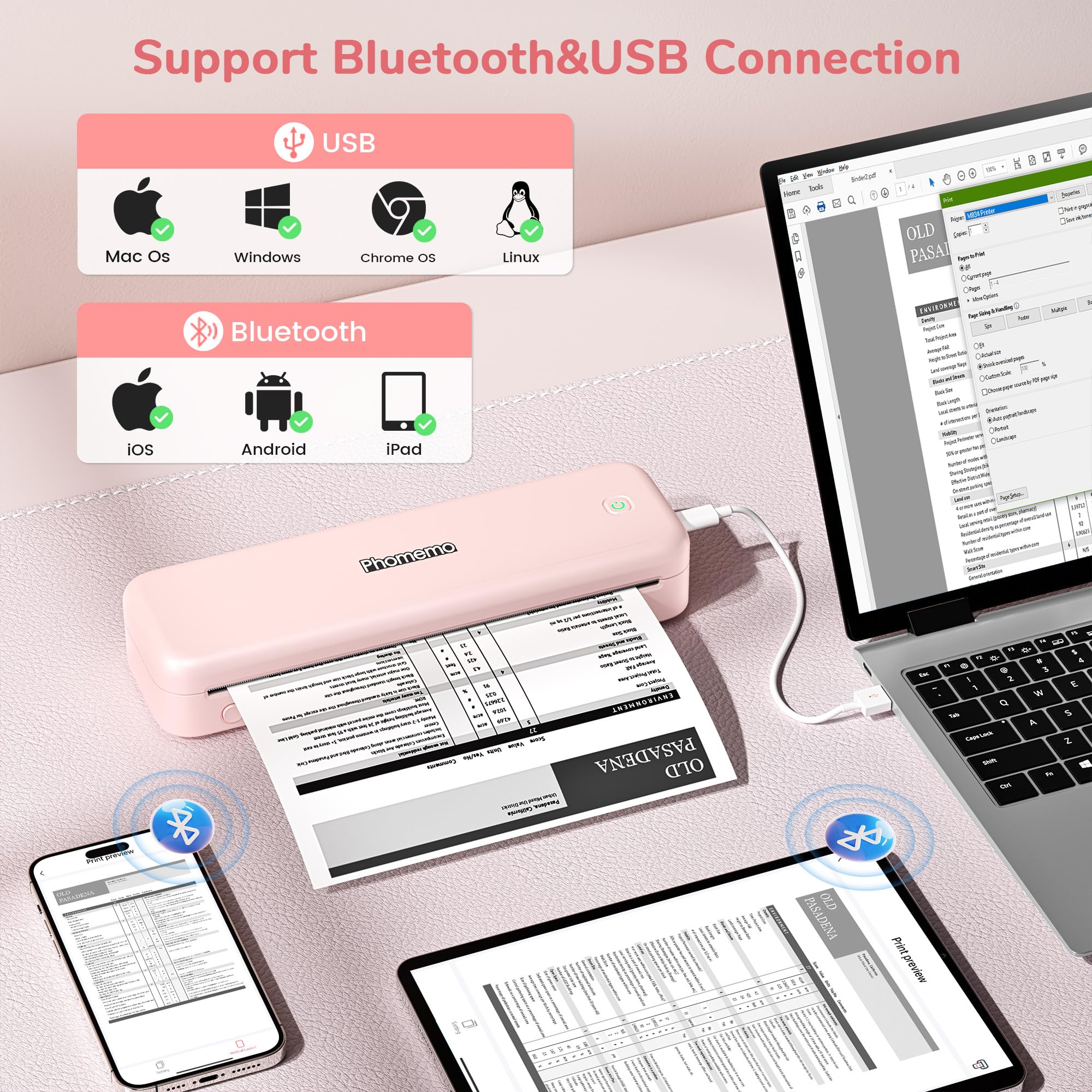 Phomemo M834 Stampante Portatile A4, Stampante Termica Portatile, Connessione Bluetooth e USB, Supporta Carta Termica A4, Con Custodia per il Trasporto e 4 Rotoli di Carta Termica, Rosa