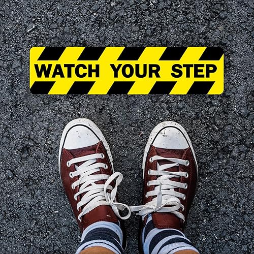 Miniatura 7 de Letrero con texto en inglés "Watch Your Step" (20 x 5 pulgadas), calcomanías adhesivas antideslizantes para interiores y exteriores, precaución en