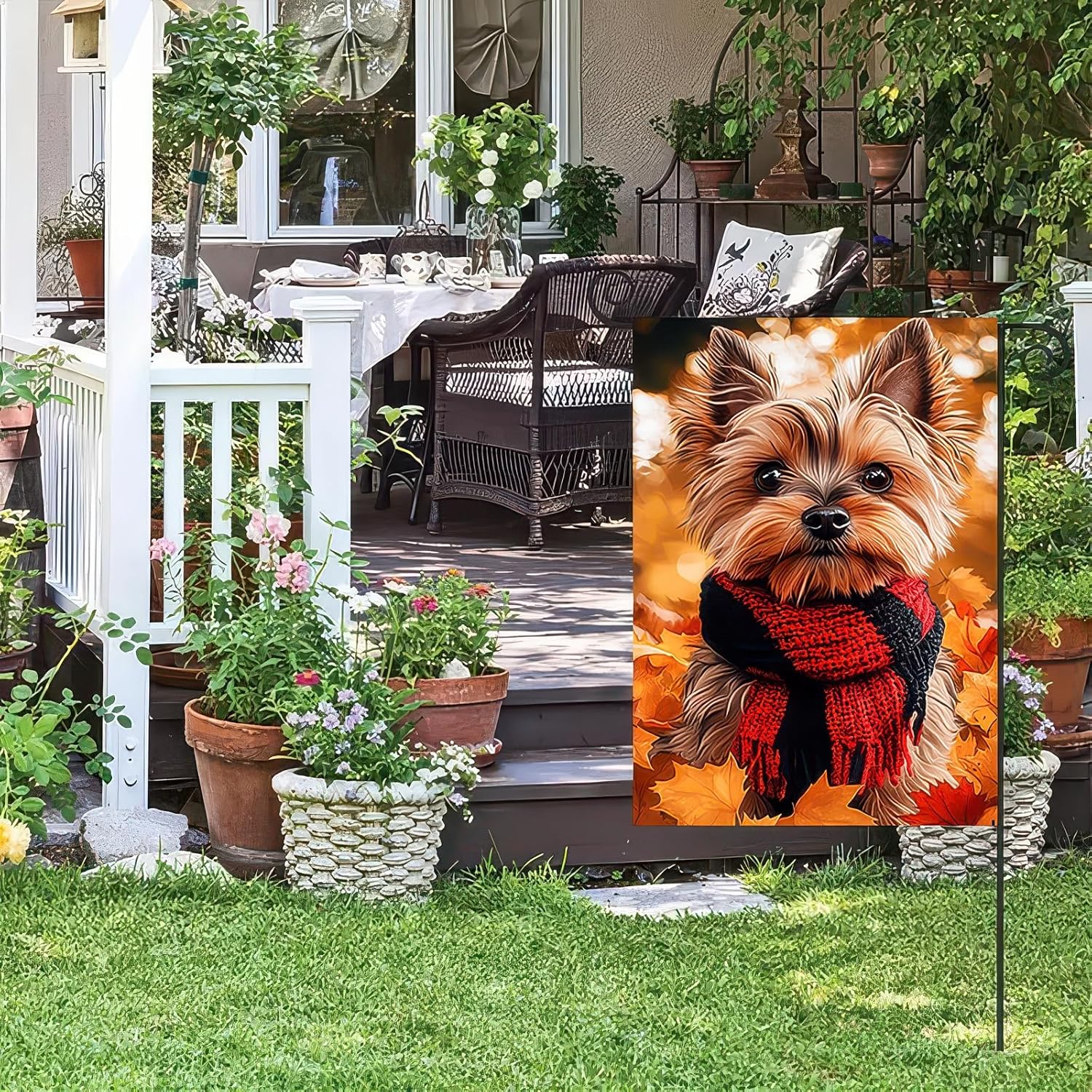 Thanksgiving Fall Garden Flag 12x18 Inch Welcome Yorkshire Terrier Dog Outdoor Flag Double Sided Autumn Yard Banner with Red Black Scarf Maple Leaves for Porch Lawn Patio Decoration - Image 4
