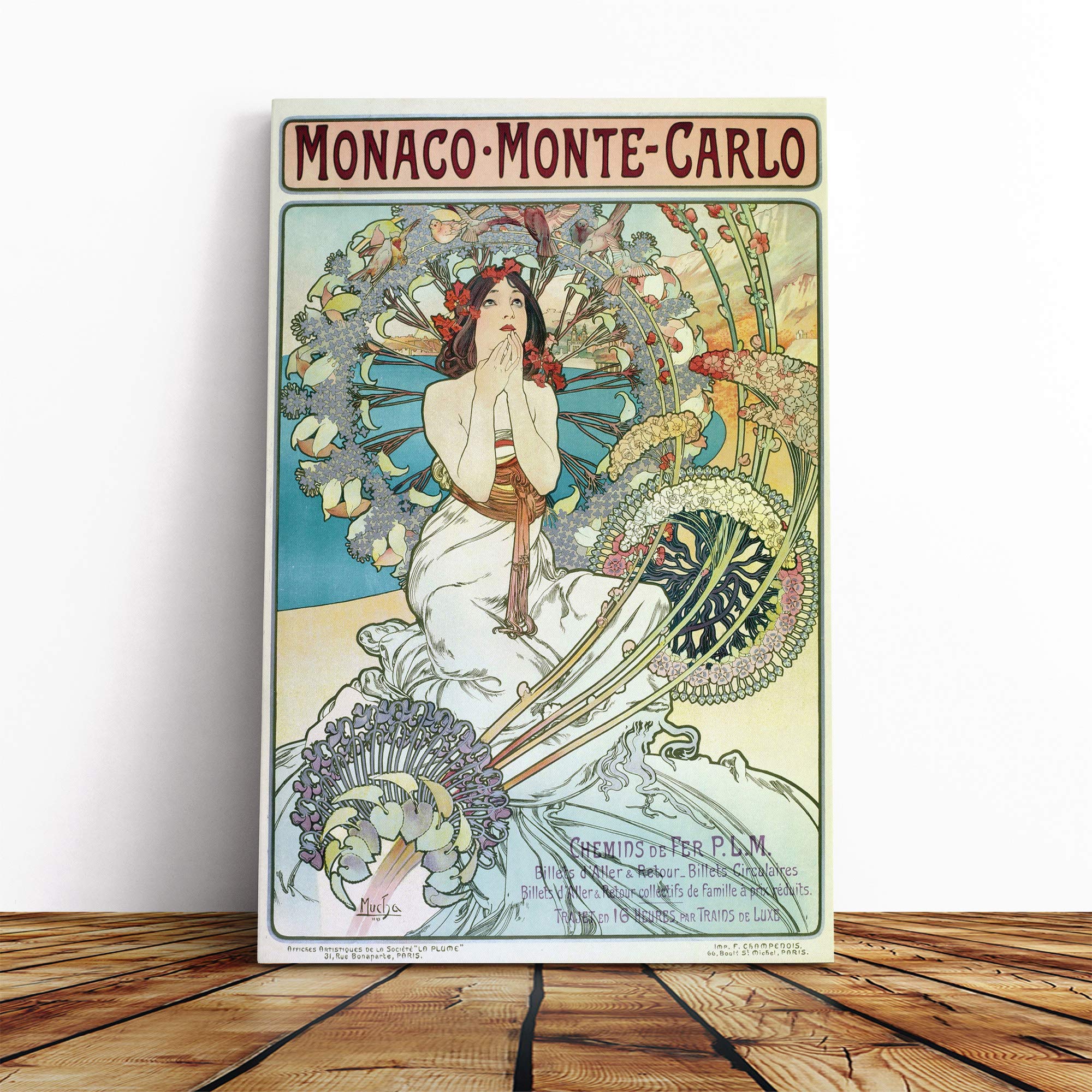Alphonse Mucha Monaco Monte Carlo Canvas Print | Gallery Wrapped 30mm Frame Wall Art | 24x16 inches | Ready to Hang | Modern Picture | Living Room Bedroom Lounge Office