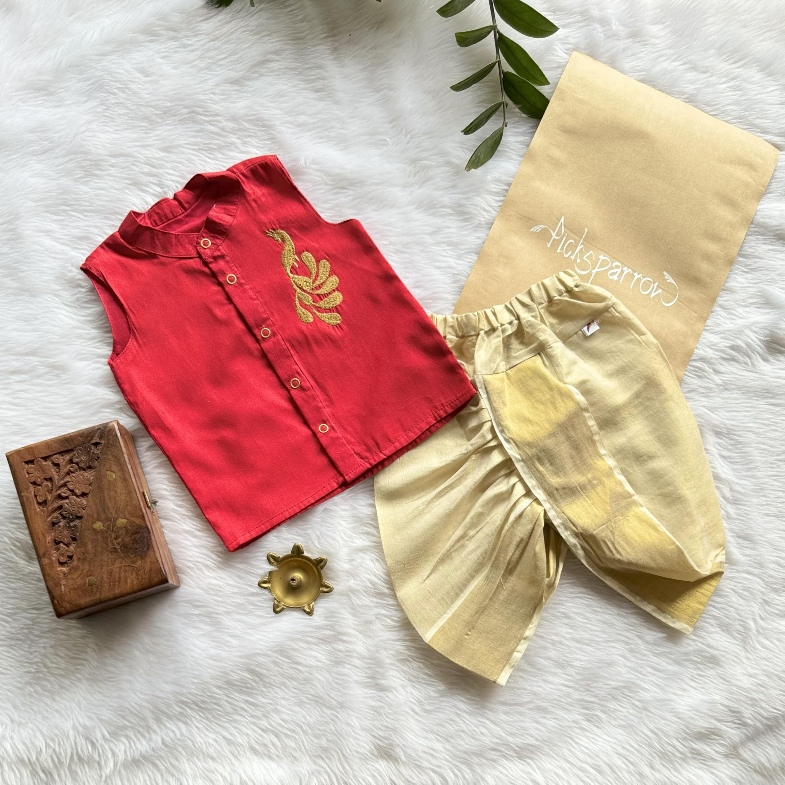 Picksparrow Baby Boy Cotton Silk-Tissue Kasavu Cotton Shirt with Dhoti pant (Peacock-Sleeveless) (0-6 Months, Maroon) - Image 2 thumbnail