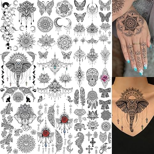 EGMBGM 28 hojas de tatuajes temporales de henna tribal para mujeres y niñas tatuajes falsos impermeables de elefante temporal Ganesha encaje Mehndi