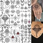 EGMBGM 28 Sheets Tribal Black Temporary Tattoos For Women Girls, Waterproof Fake Tattoos Temporary Elephant Ganesha Lace Tattoo Kits, Lotus Mandala Flower Tatoo Sticker Moon Neck Chest Arm Butterfly